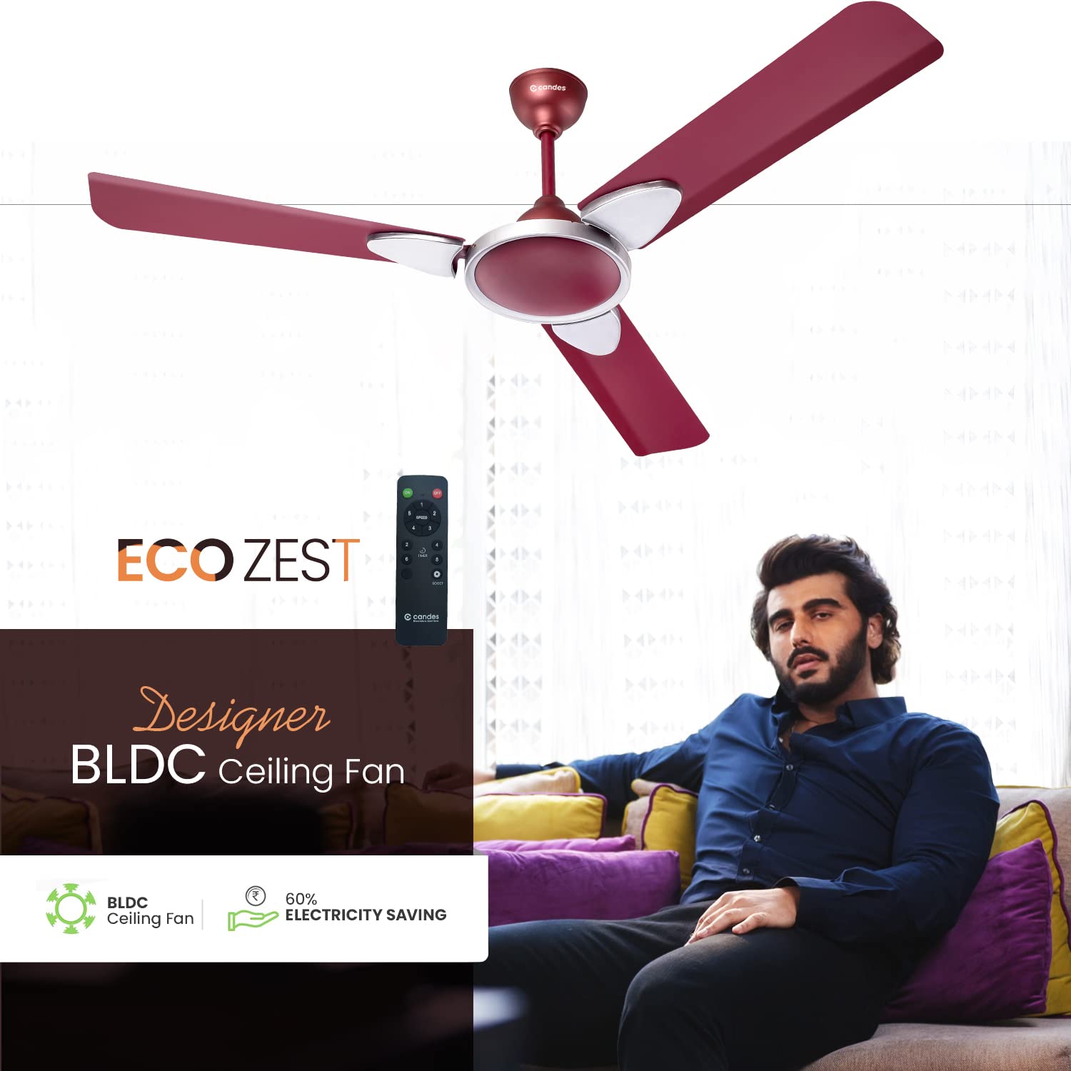 Candes Eco Zest Energy saving Designer 1200 mm / 48 inch Anti-Rust BLDC Ceiling Fan With Remote (2 Years Warranty) (Maroon) - view 2