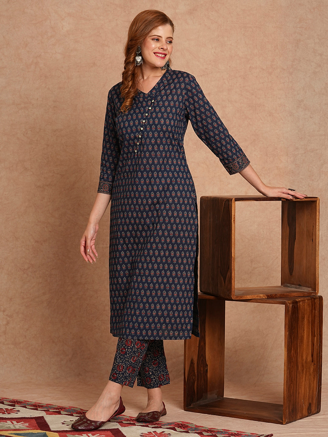 FASHOR Ethnic Printed Straight Fit Kurta with Pant - Blue - view 2