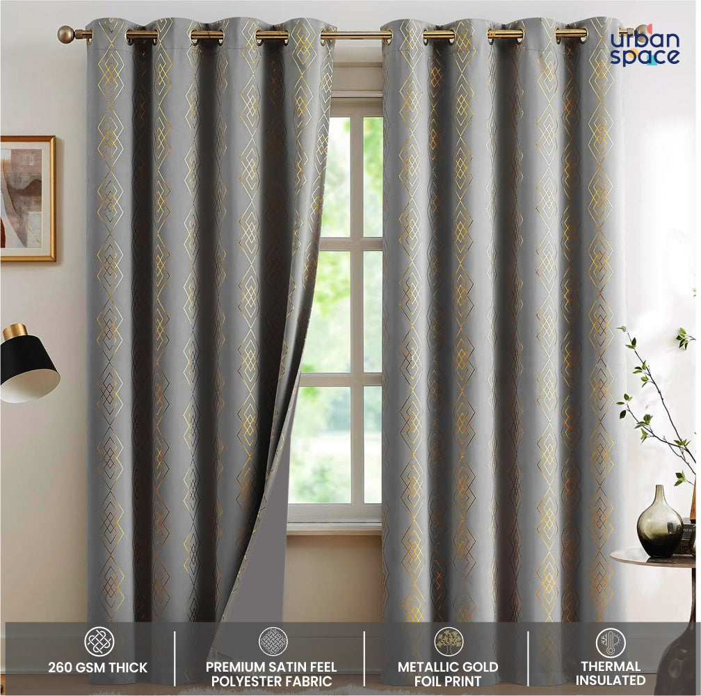 Urban Space -Home Furnishing Store Gold Foil Printed 80-85% Blackout Curtains - Pack of 1 - Diamond- Grey - view 5