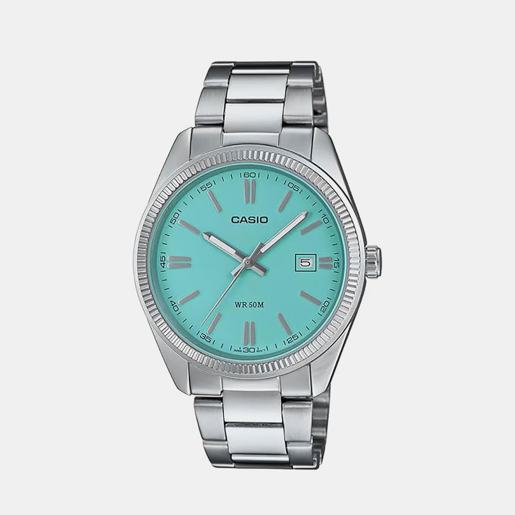 Casio Enticer Men Quartz Turquoise Dial Analog Stainless Steel Watch A2225