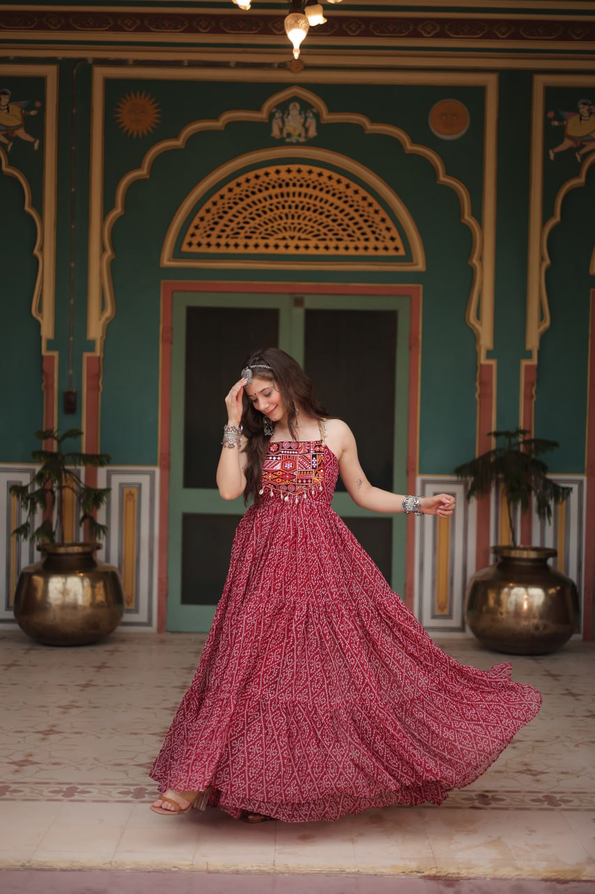 ClothsVilla Maroon Bandhani Print Sleeveless Gown with Kutchi Patchwork - view 3