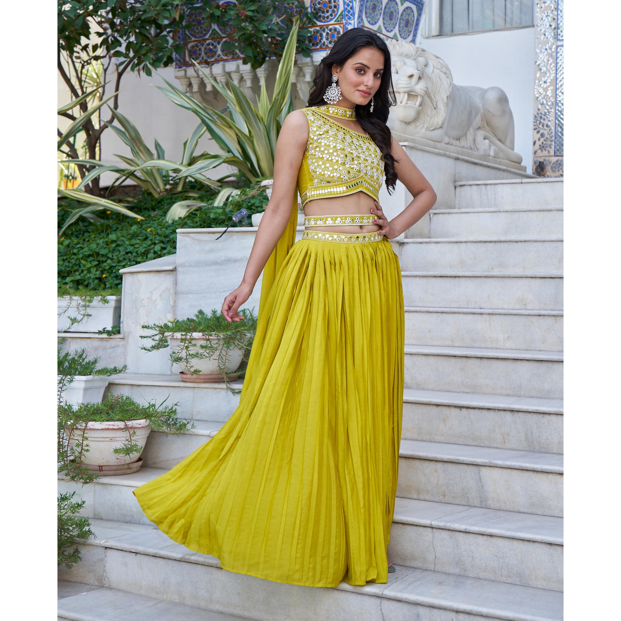 Peachmode Seller Lemon Green Embroidered Chiffon Plated Lehenga Choli - view 5