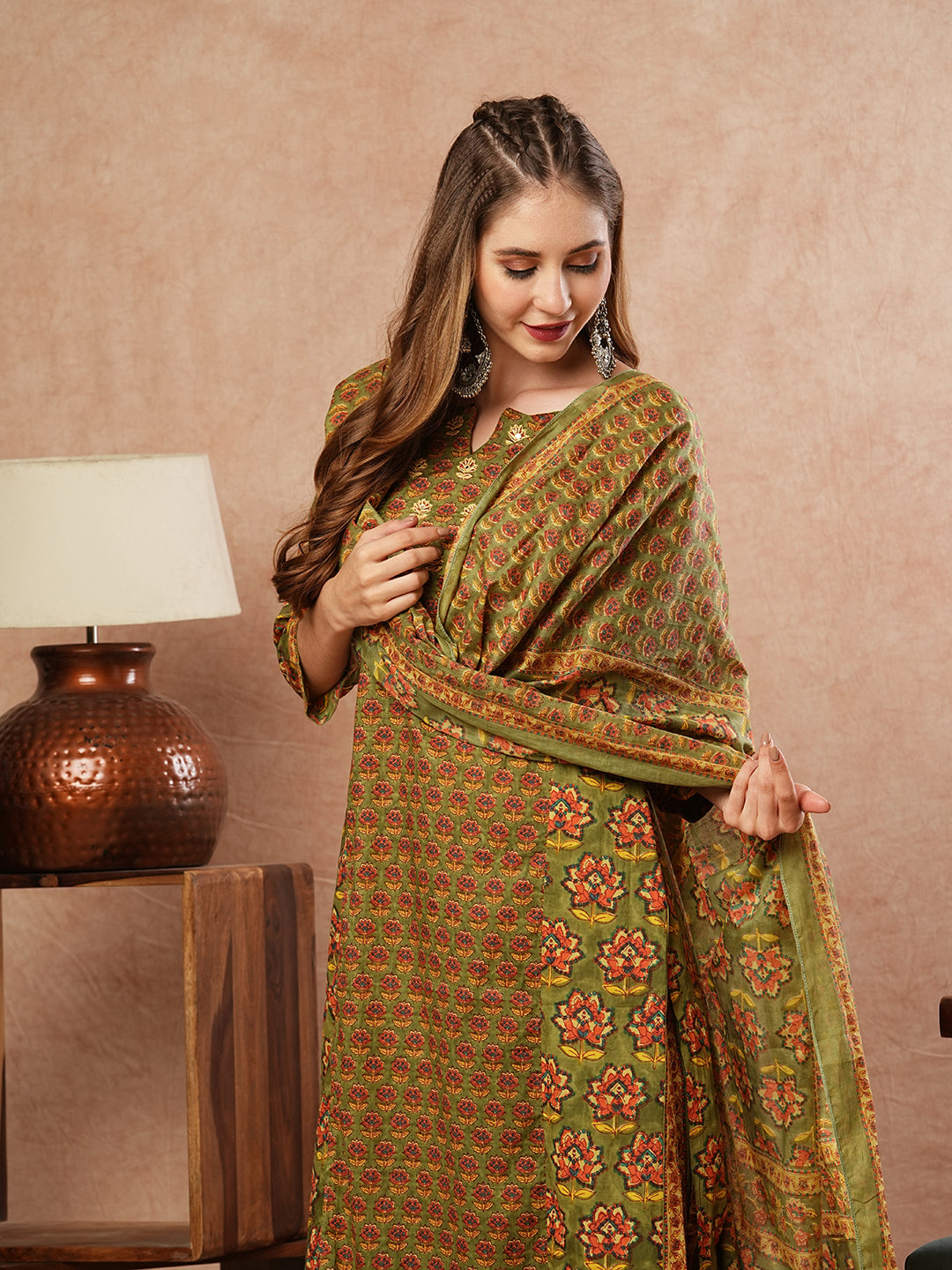 Fashor Floral Block Printed Mirror & Resham Embroidered Kurta with Pants & Dupatta - Olive - view 2