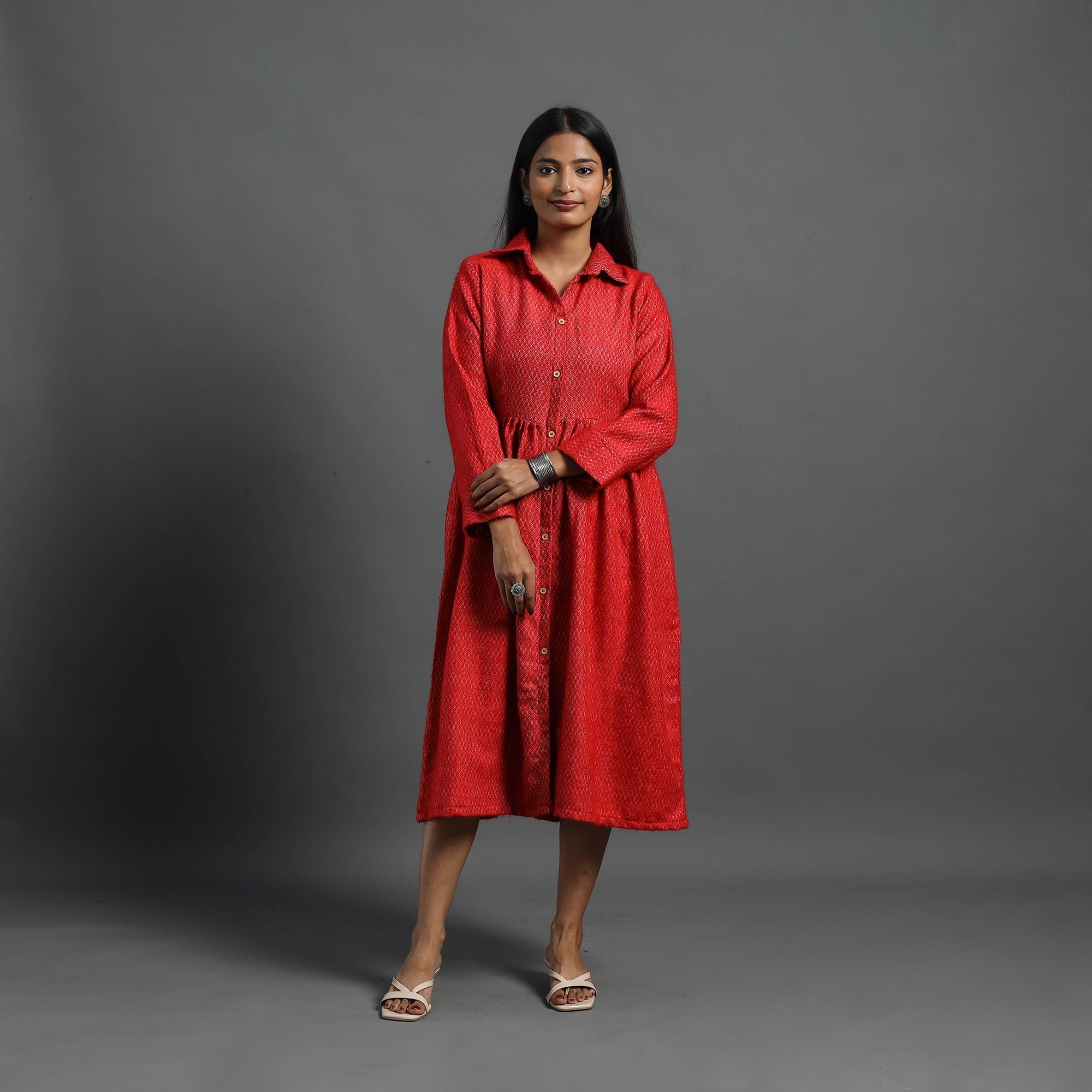 ITOKRI CASUALS Aaisha Red Plain Button Down Woollen Dress 08 - view 5