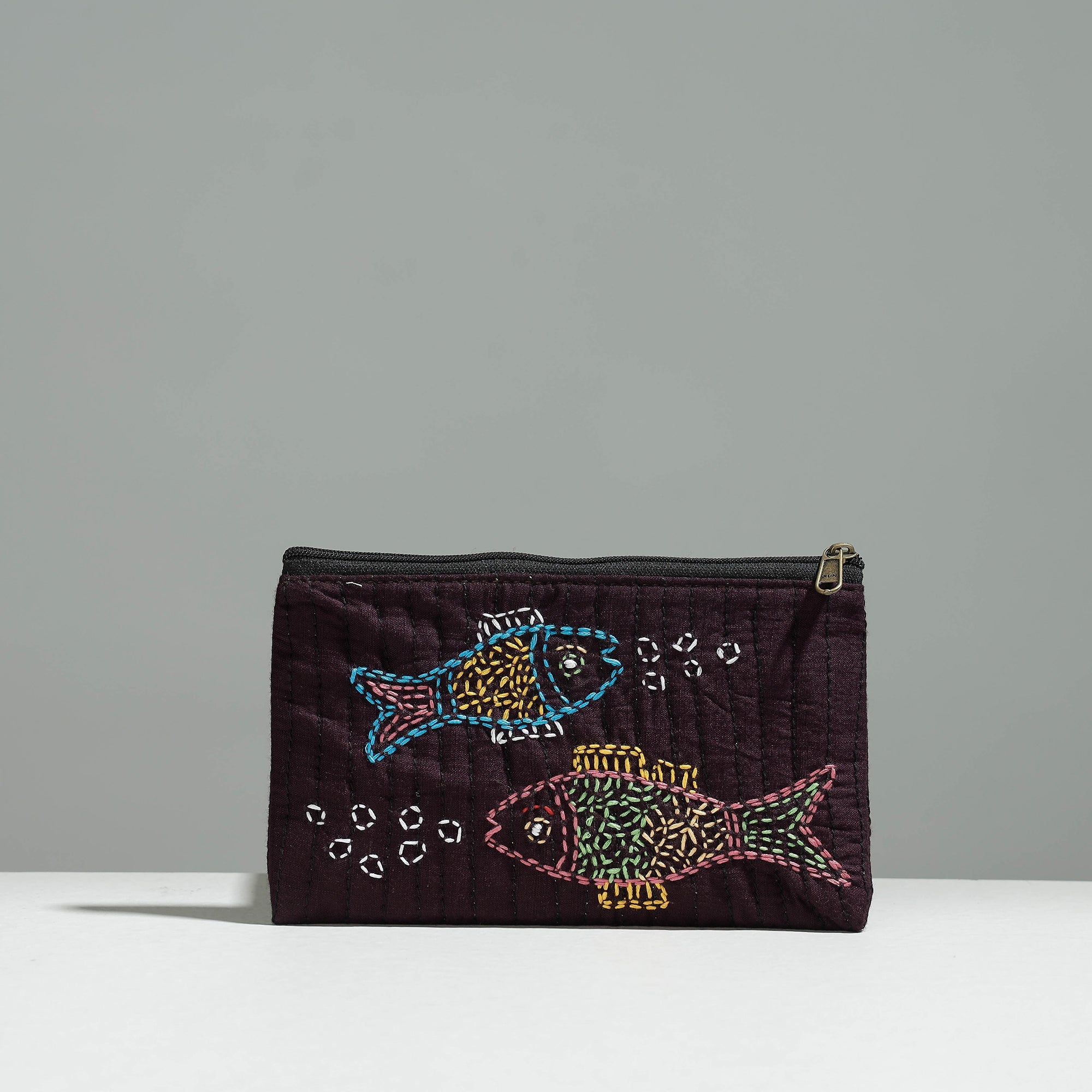 RANGILA DHAGA Brown - Gamcha Fabric Hand Embroidered Jewelry Pouch