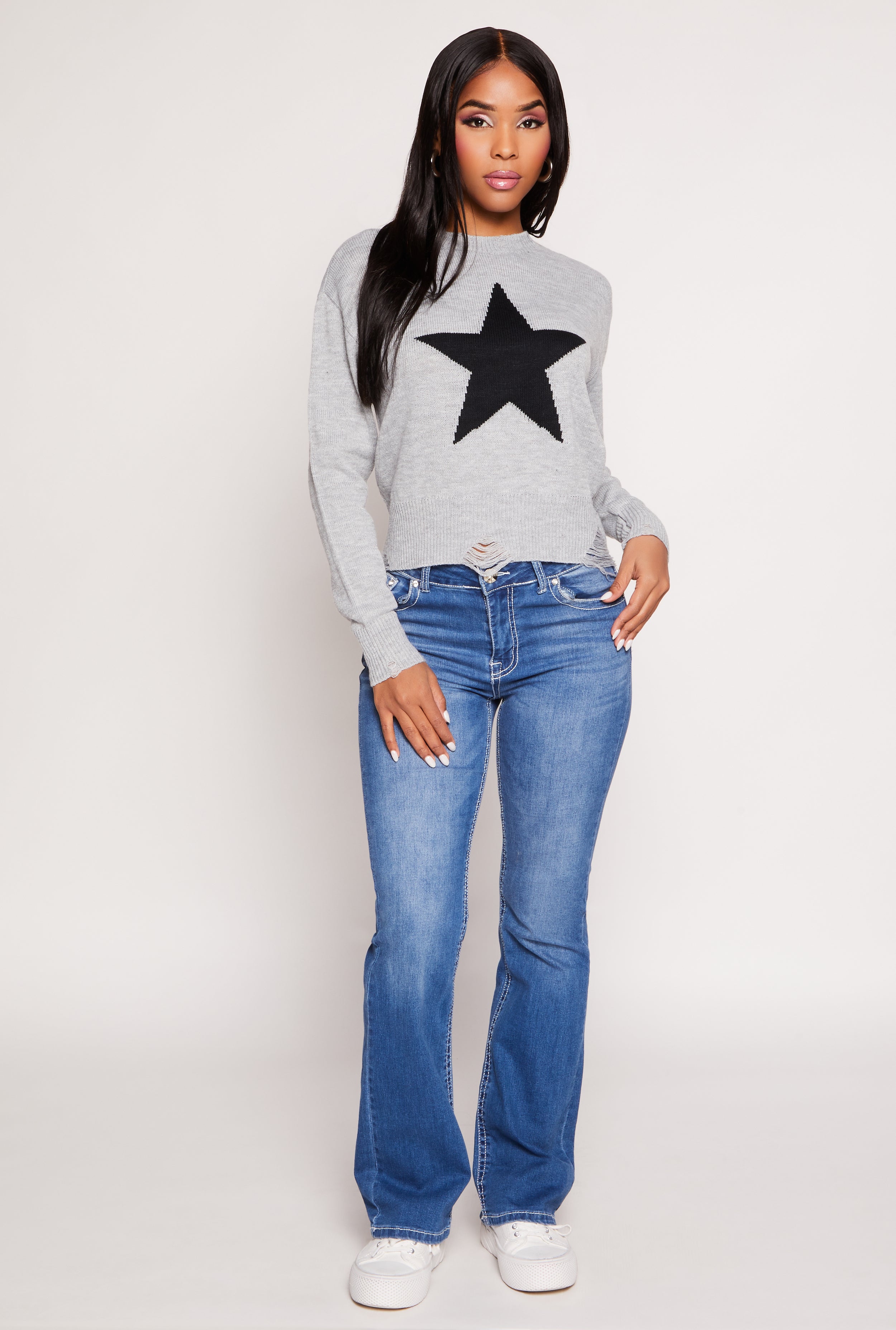 Rainbow Shops Distressed Star Graphic Crew Neck Top - view 2