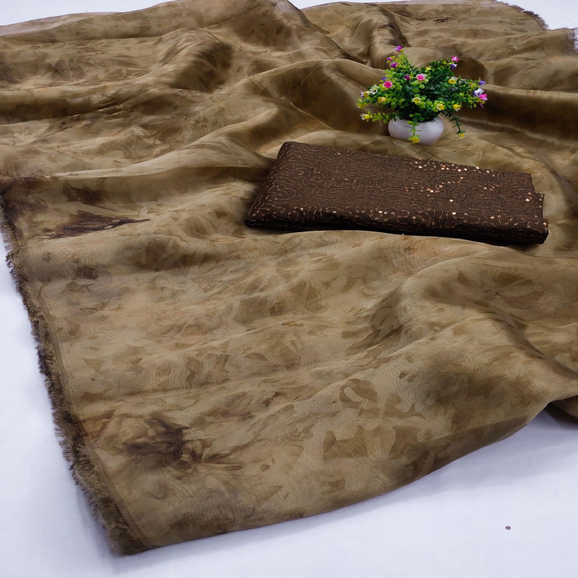 Peachmode Coffee Casual Wear Printed Organza Saree - view 2
