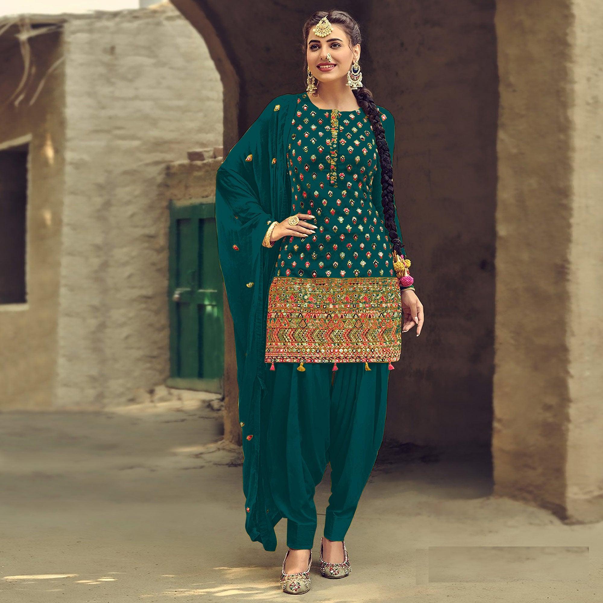 Peachmode Festive Wear Sea Green Sequins Embroidery Work Faux Georgette Patiala Suit
