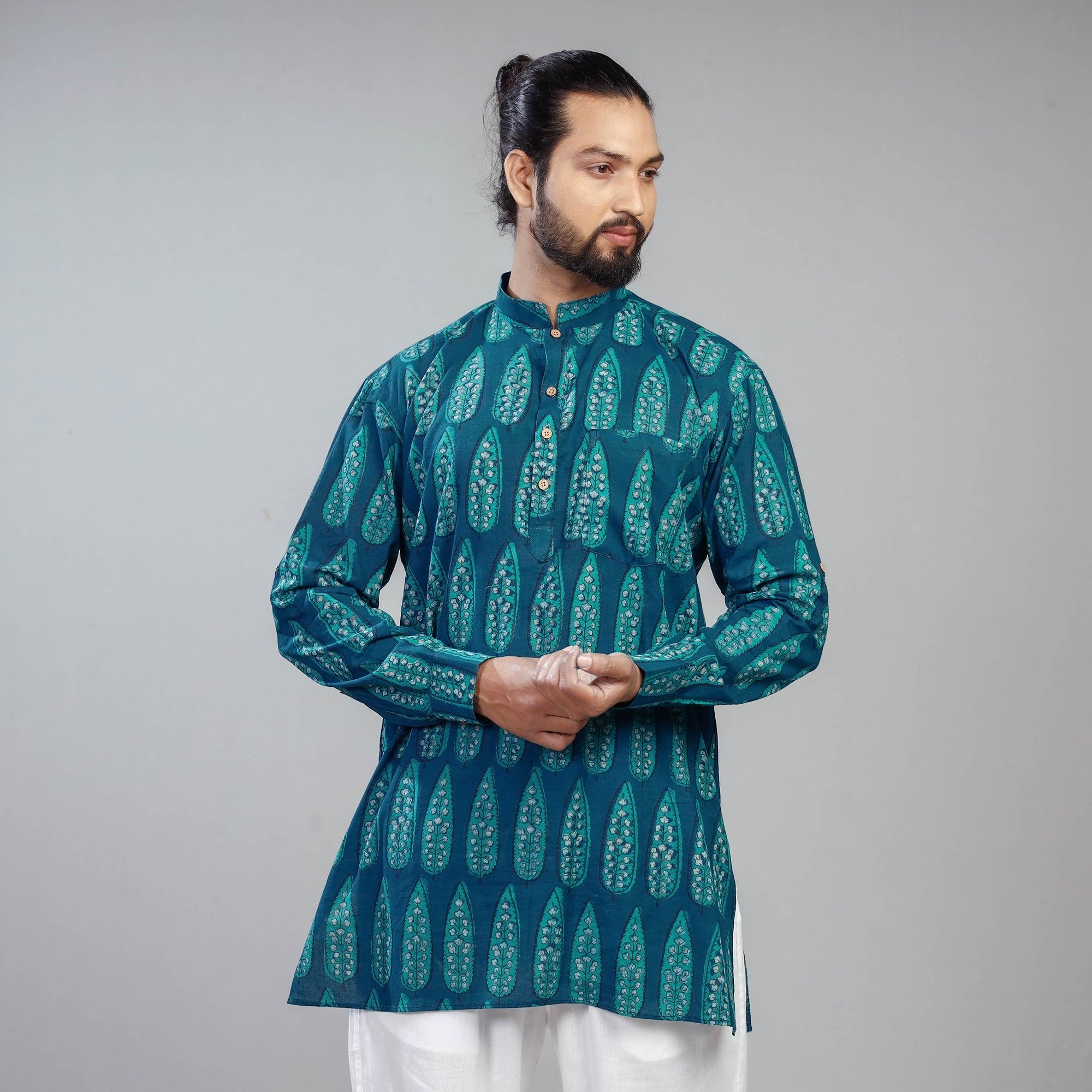 ITOKRI CASUALS Blue - Akola Block Printed Cotton Men Short Kurta