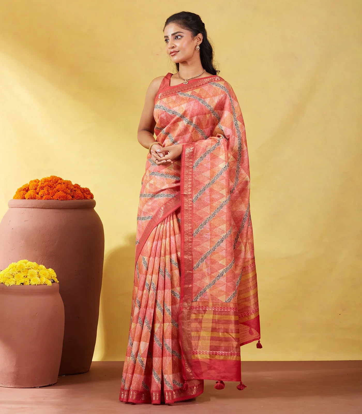 RmKV Dark Peach Handloom Tussar Silk Saree Printed With Geometric & Floral Motifs - view 4
