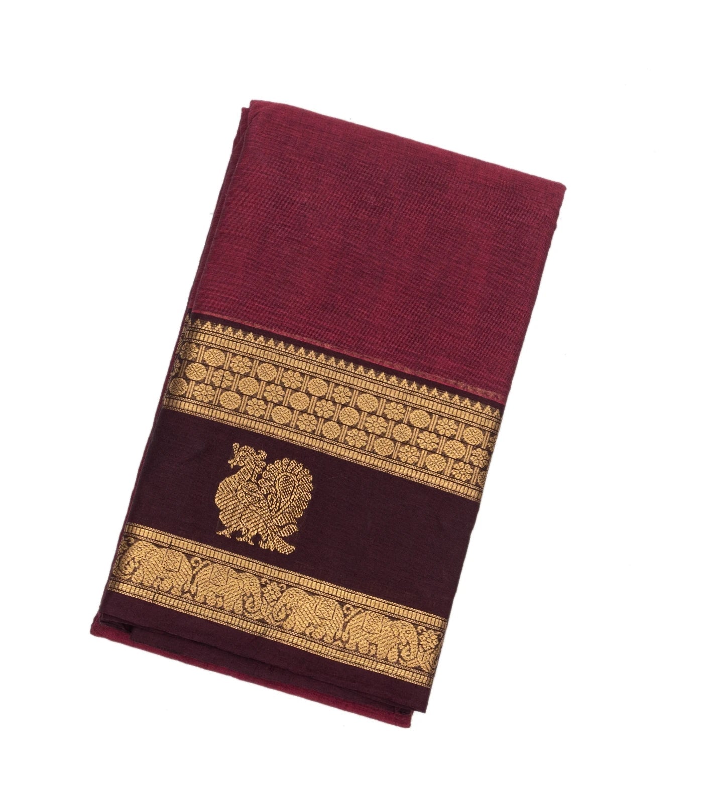 RmKV Burgundy Handloom Kanchi Cotton Saree With Horse Buttas