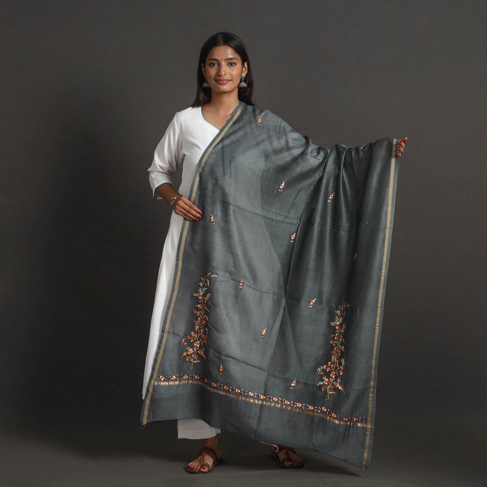 ITOKRI CRAFTS INITIATIVE Handloom Chanderi Silk Kashida Embroidery Dupatta 13