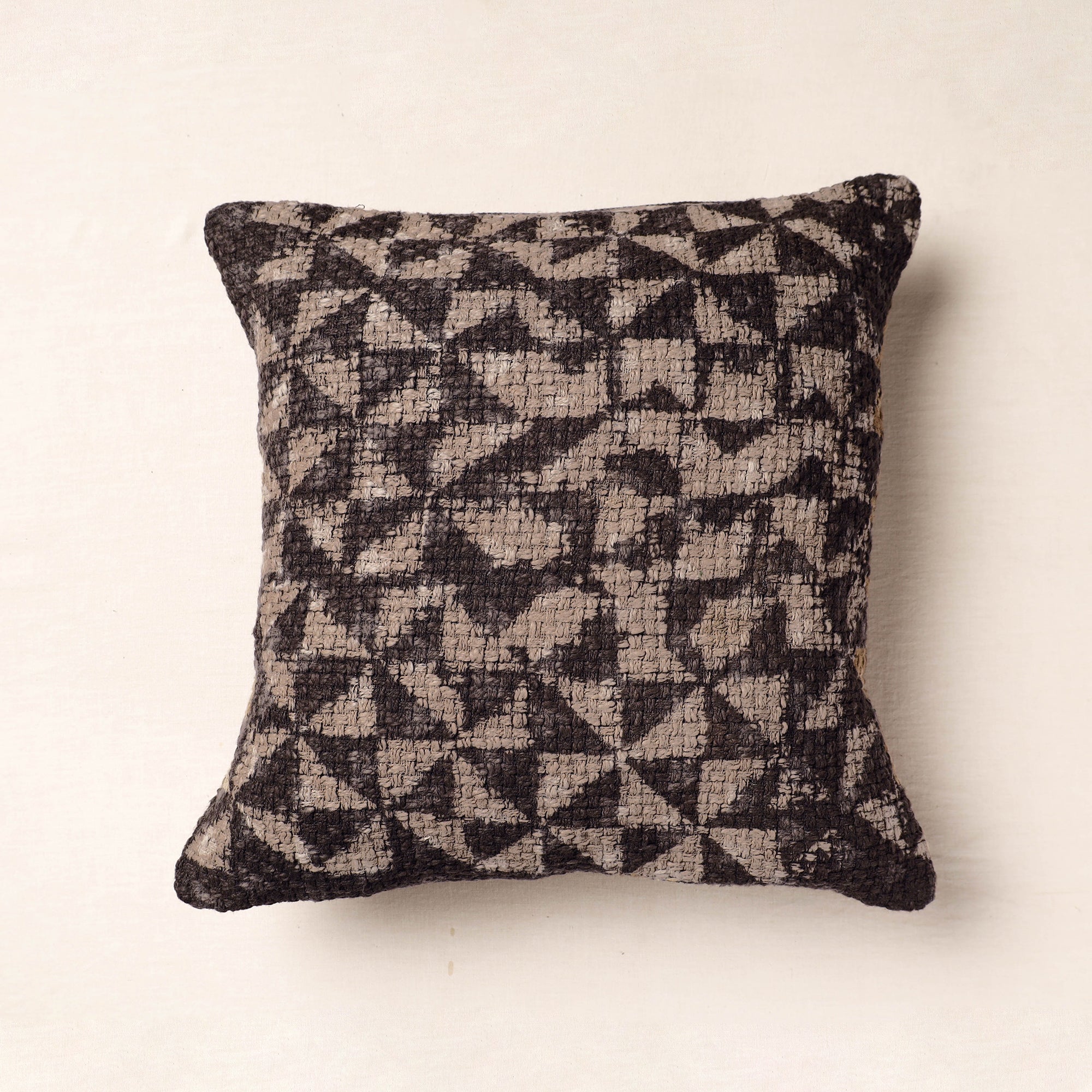 ARTISAN HAND BLOCK PRINTS Brown - Bagru Block Printed Jute Cushion Cover (16 x 16 in)