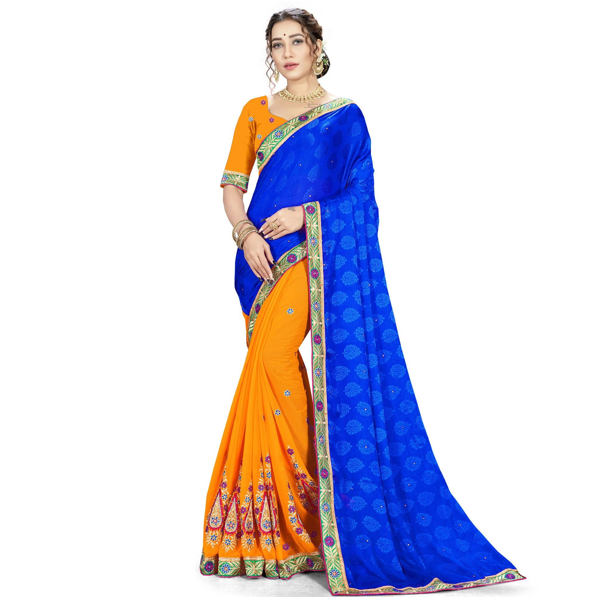 Peachmode Ethnic Blue-Orange Colored party Wear Embroidered Georgette Half-Half Saree