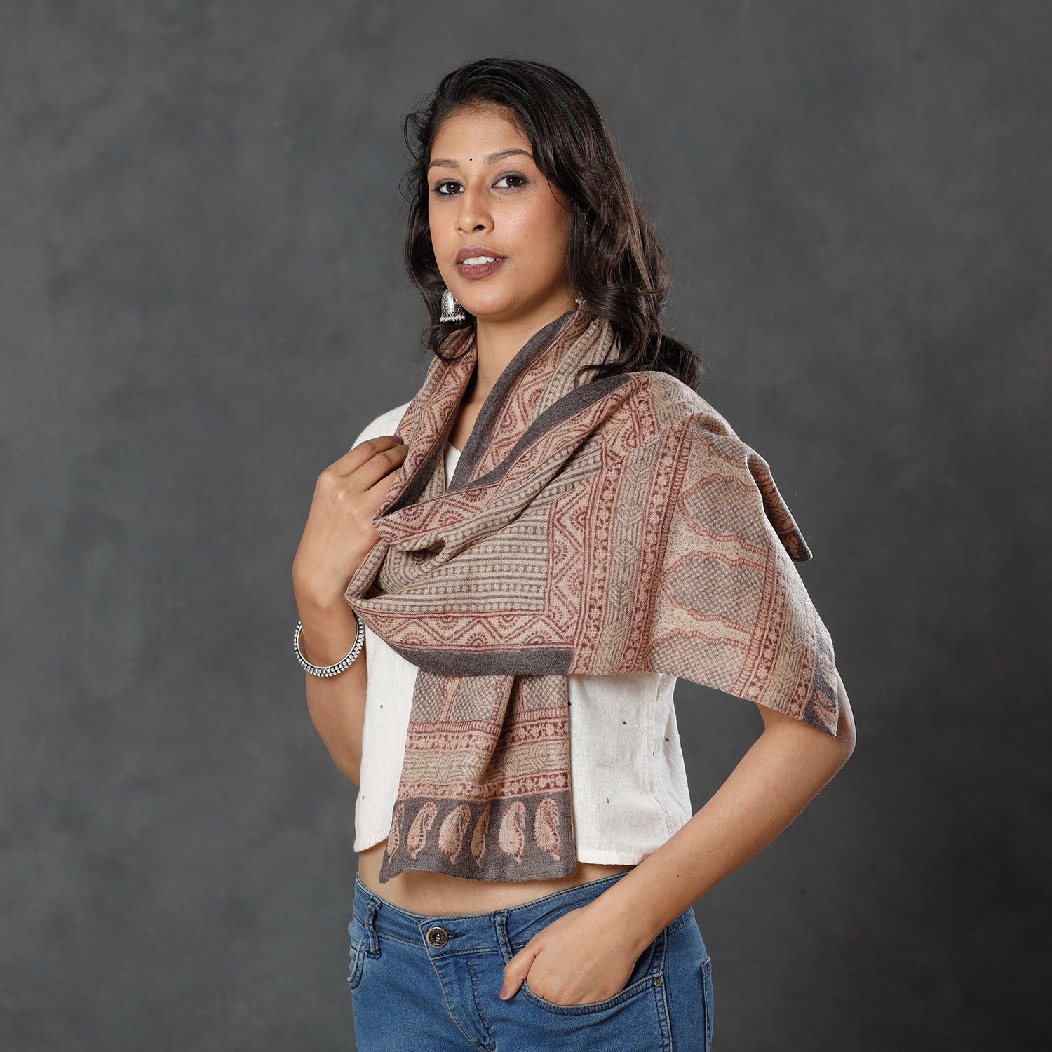 BAGH PRINTS BY MOHAMMED BILAL KHATRI Beige - Bagh Block Printed Natural Dyed Woolen Muffler (61 in) - view 2