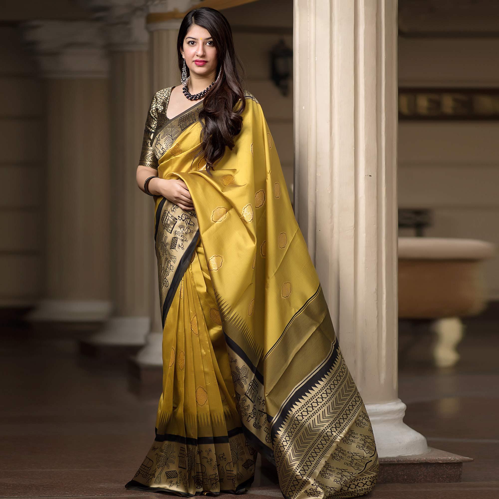 Peachmode Magnetic Lemon Yellow Colored Festive Wear Woven Banarasi Silk Saree