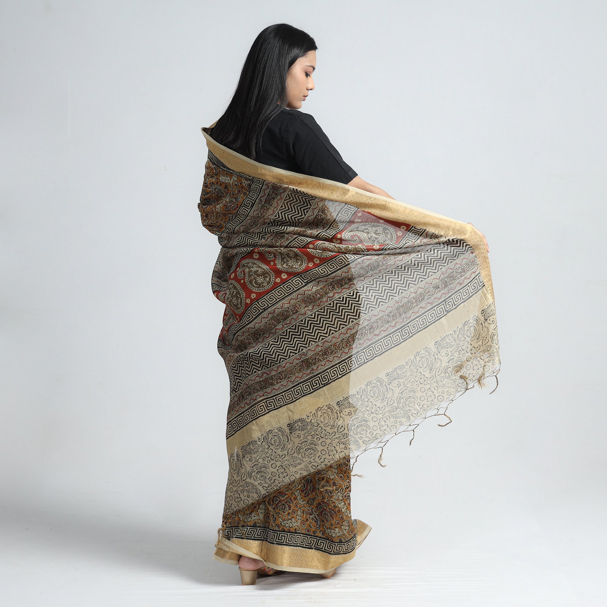 VENKATA BHANU KALAMKARI PEDANA Brown - Original Pedana Kalamkari Block Print Silk Saree - view 6