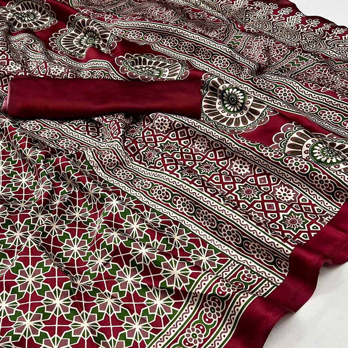 Peachmode Maroon Ajrakh Printed Satin Saree – Women's - view 2