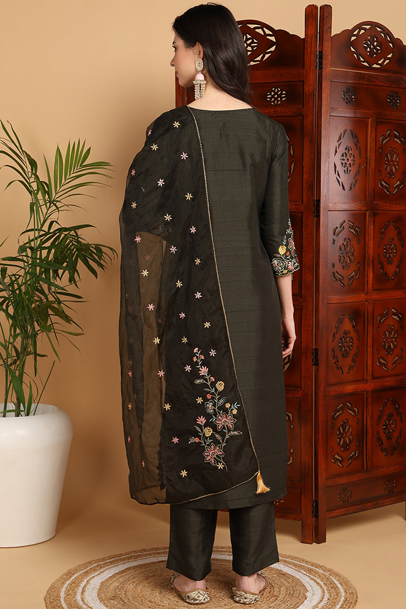 Ahika Olive Green Silk Blend Floral Embroidered Straight Suit Set PKSKD2239 - view 4
