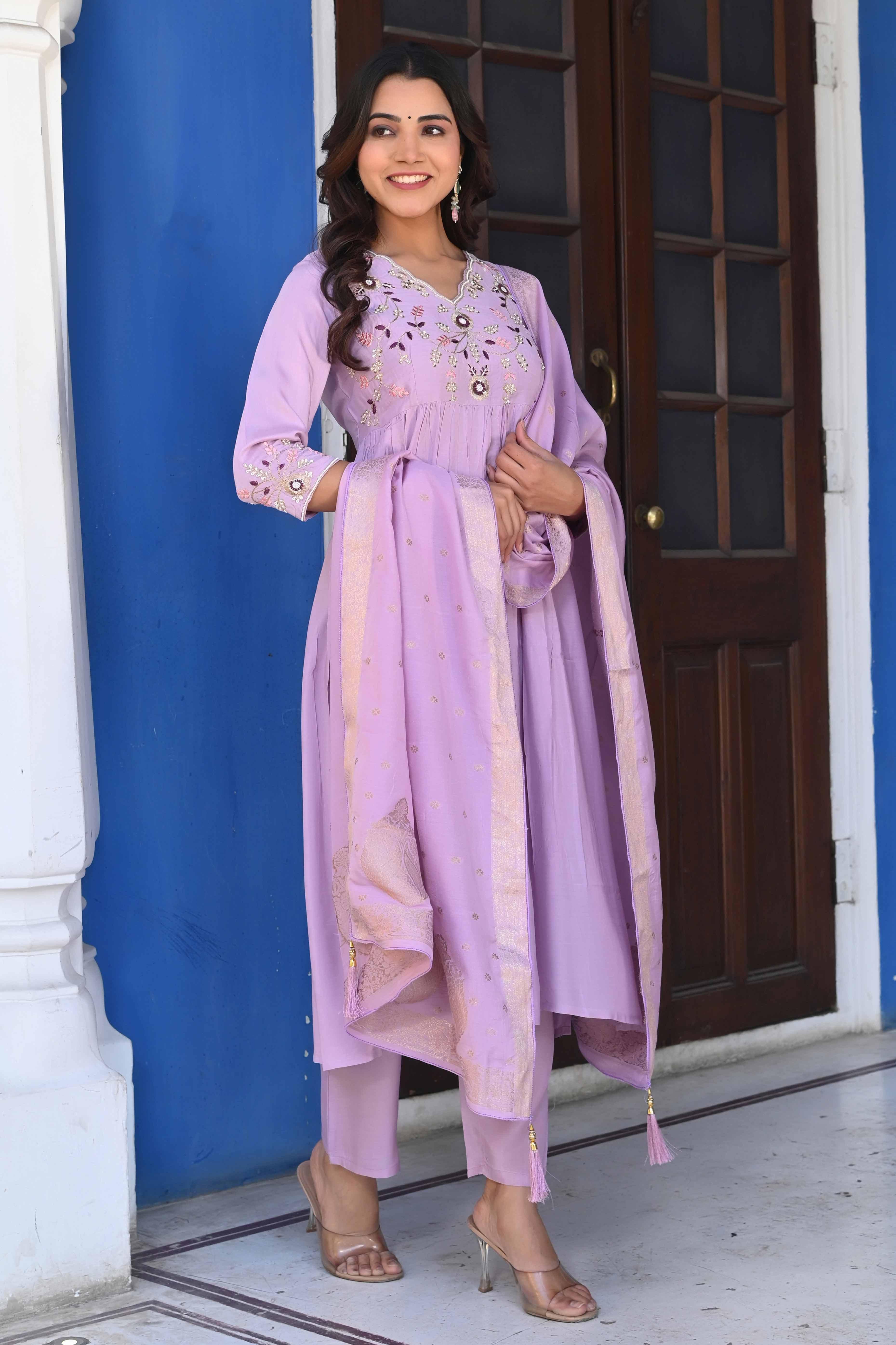 Peachmode Lavender Floral Embroidered Muslin Anarkali Salwar Suit - view 4
