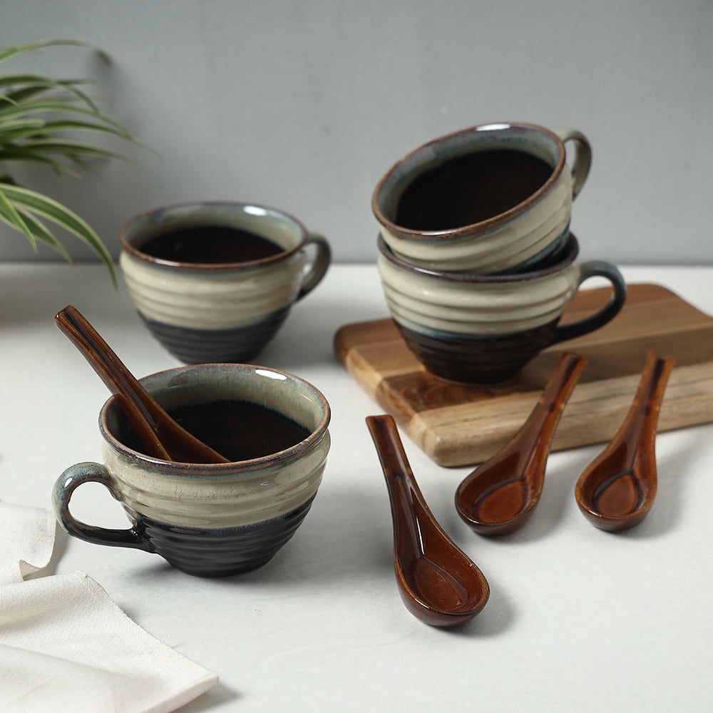 HAVELI CHRONICLES Brown - Ceramic Cups with Spoon (Set of 4, 300 ml)