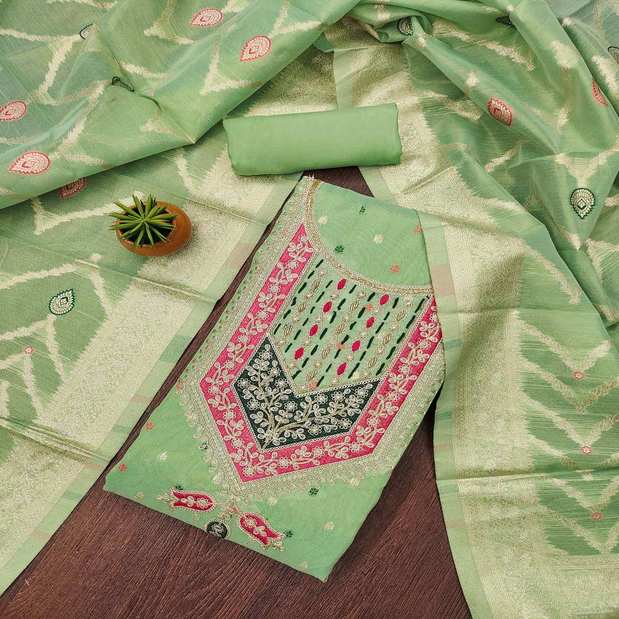 Green dress materials (unstitched) – BlackTree green-sequins-embroidered-with-woven-chanderi-silk-dress-material