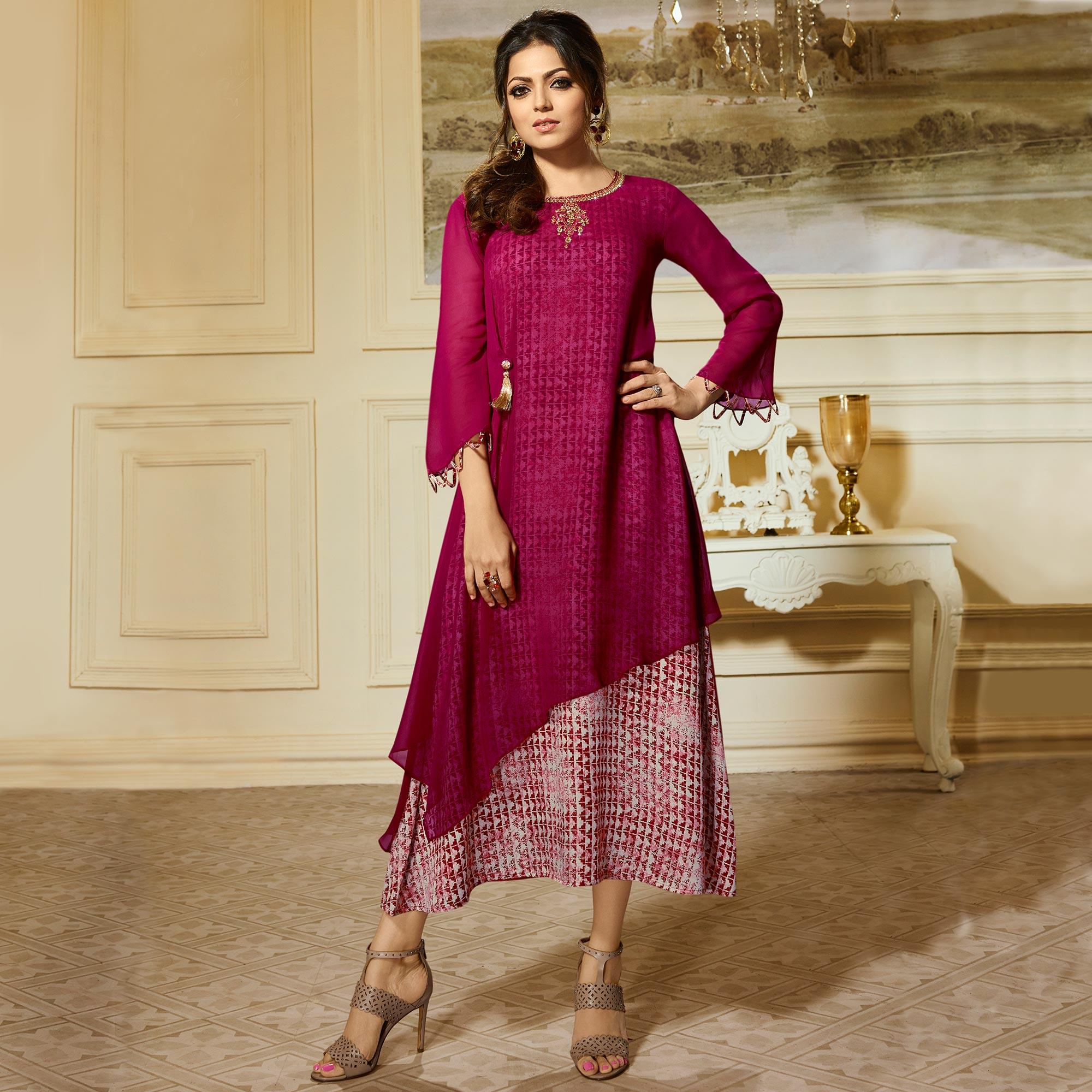 Peachmode Seller Magenta Pink Embroidered Georgette Kurti