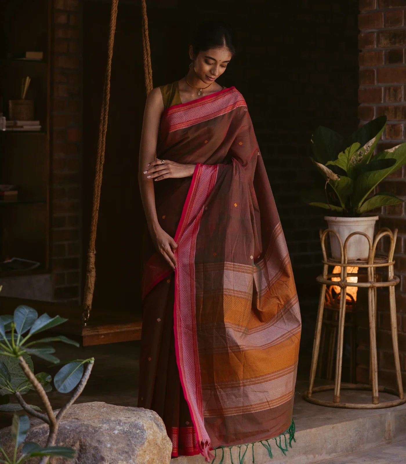 RmKV Brown Handloom Kanchi Cotton Saree With Diamond Motifs