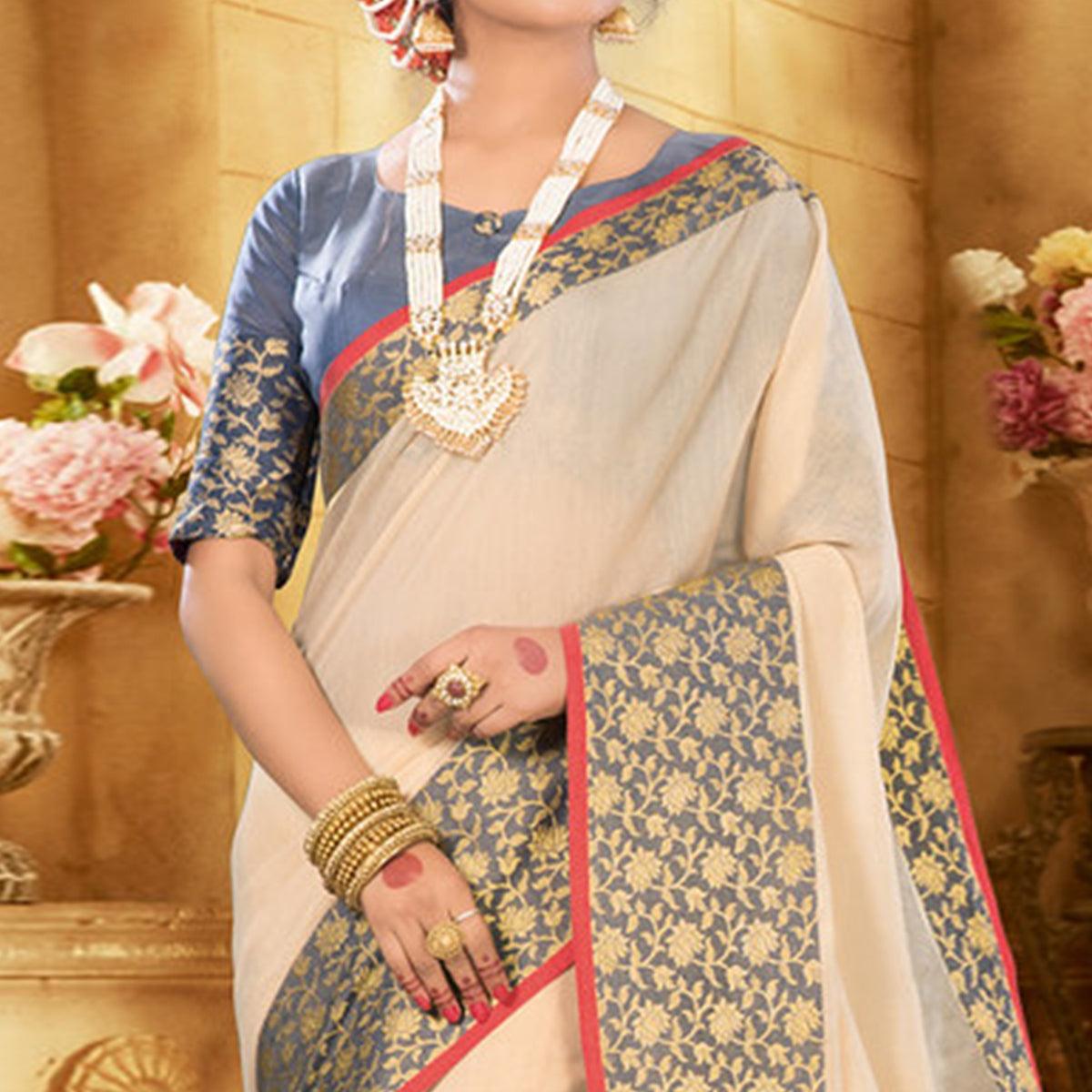 Peachmode Cream Colored Festive Wear Woven Jute Saree - view 2