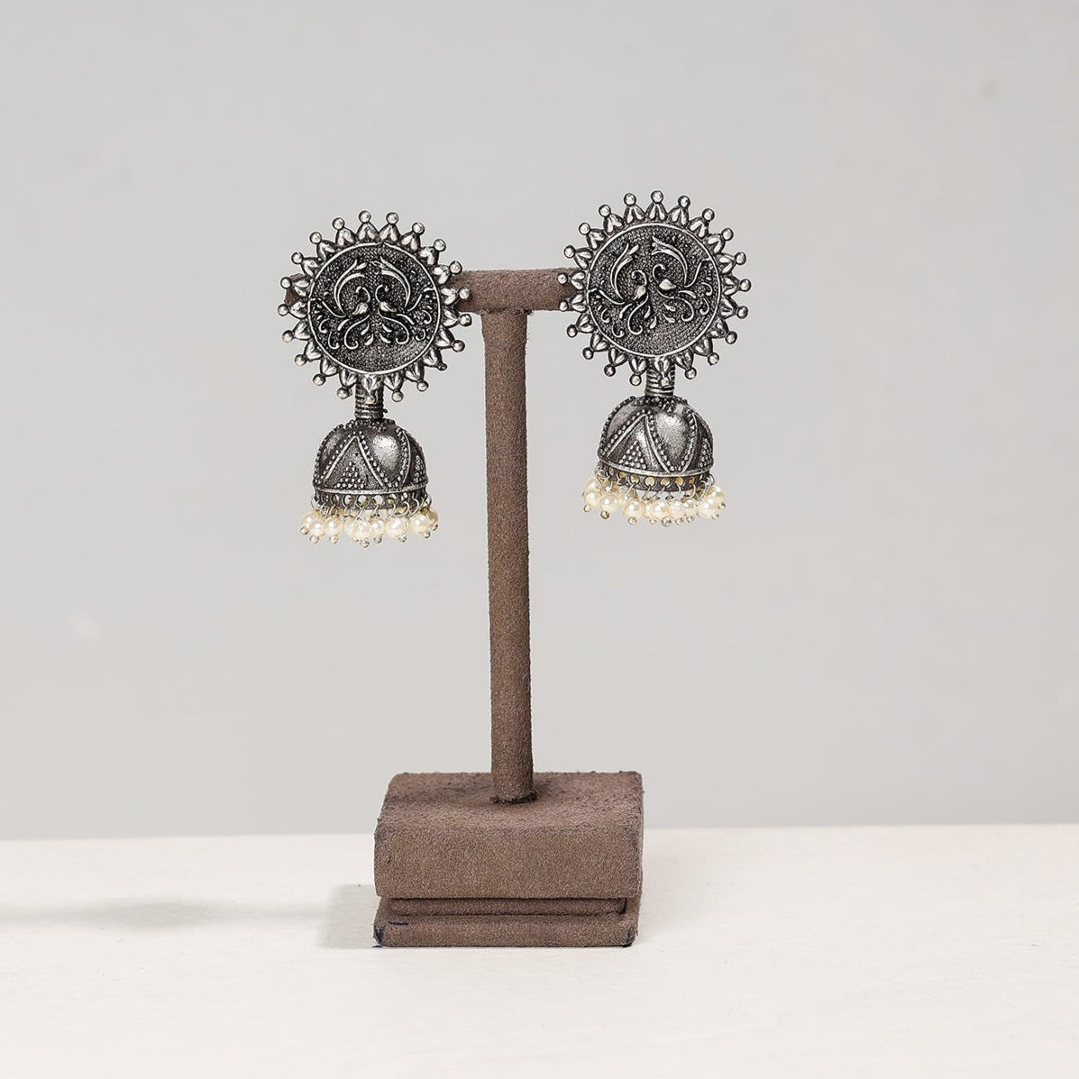 WHITE RIVER STORIES Antique Silver Finish Oxidised Brass Base Jhumki Earrings