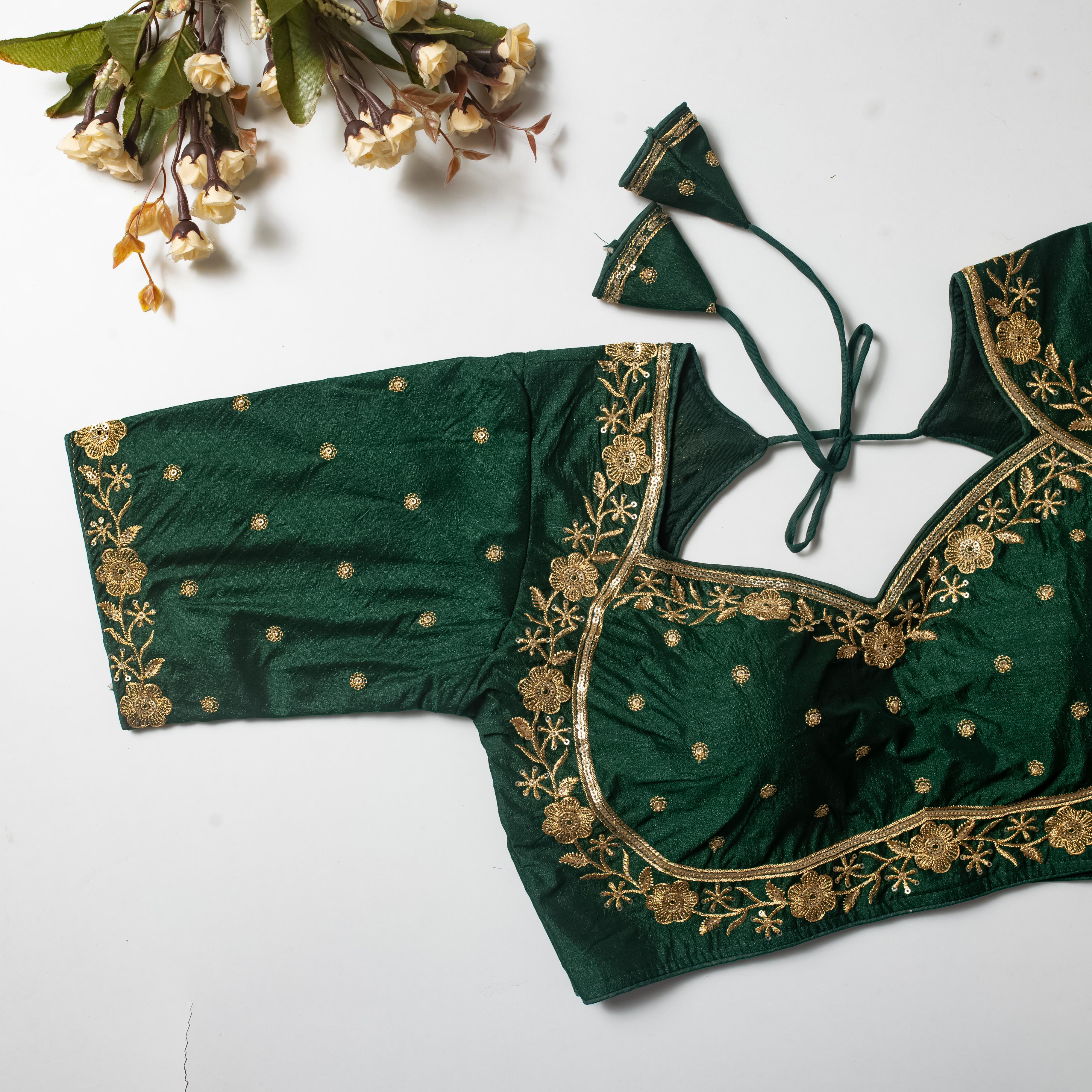 ClothsVilla Dark Green Olive Silk Blouse with Golden Embroidery and Sequins