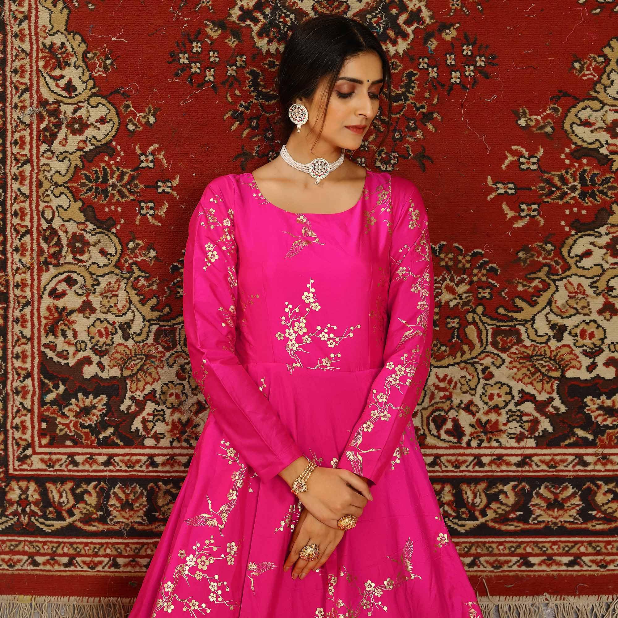 Peachmode Deep Pink Party Wear Designer Metalic Foil Printed Work Taffeta Gown - view 3