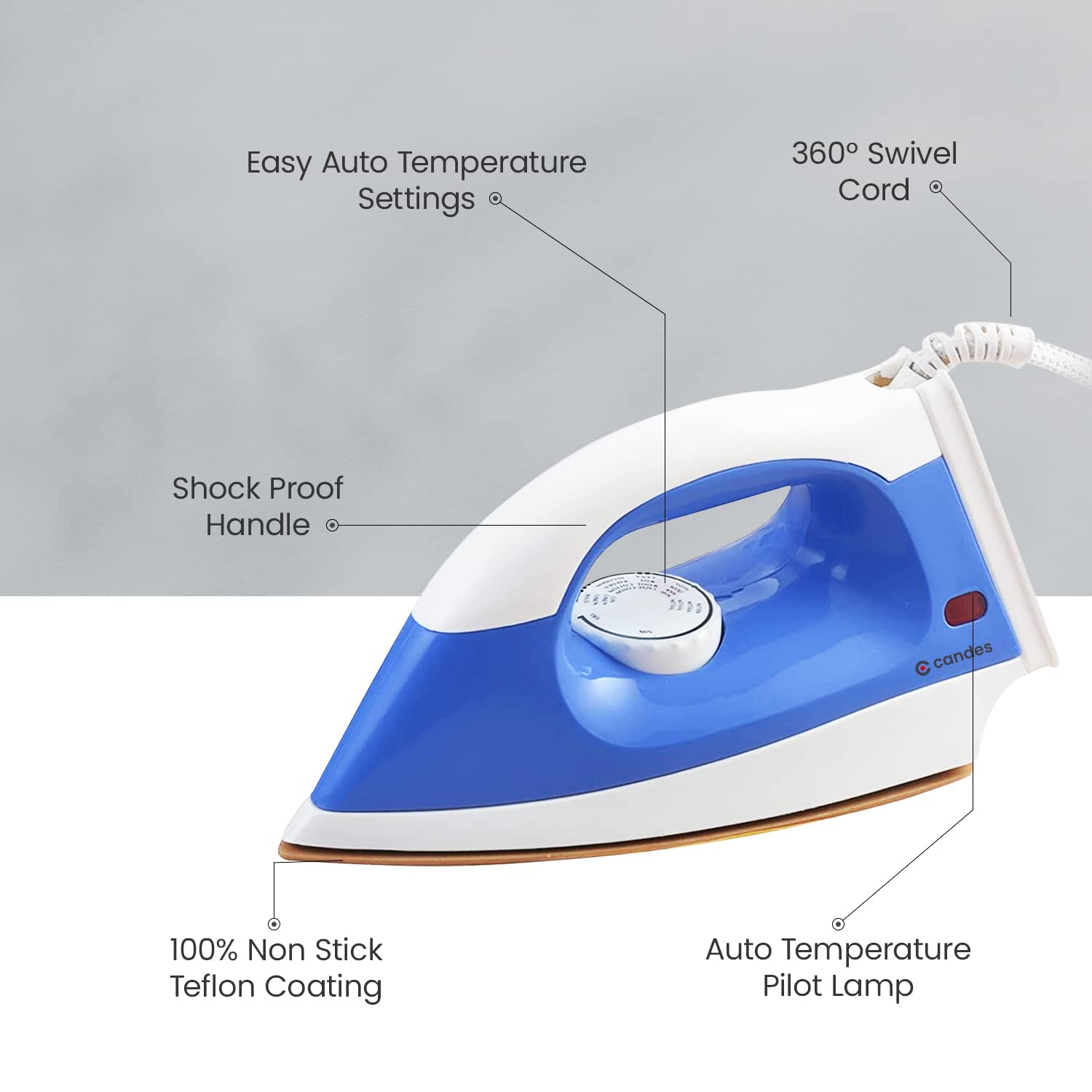 Candes EI108 Light Weight Electric Dry Iron 100% Non Stick Teflon Coating (1 Year Warranty) Blue & White - view 6