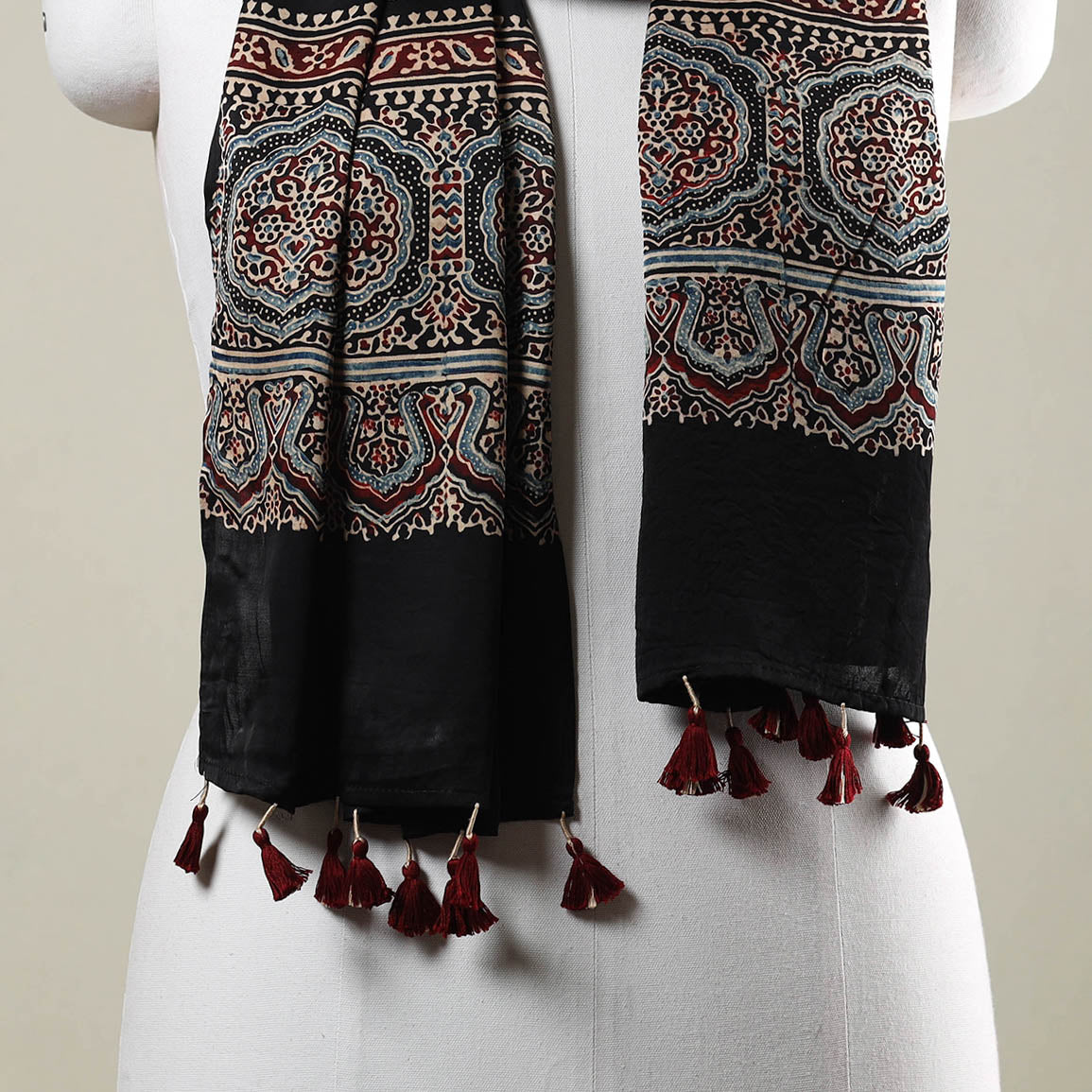 RIYAZ ABDULMAJID KHATRI - AJRAKH Black - Ajrakh Hand Block Printed Modal Silk Stole with Tassels - view 3