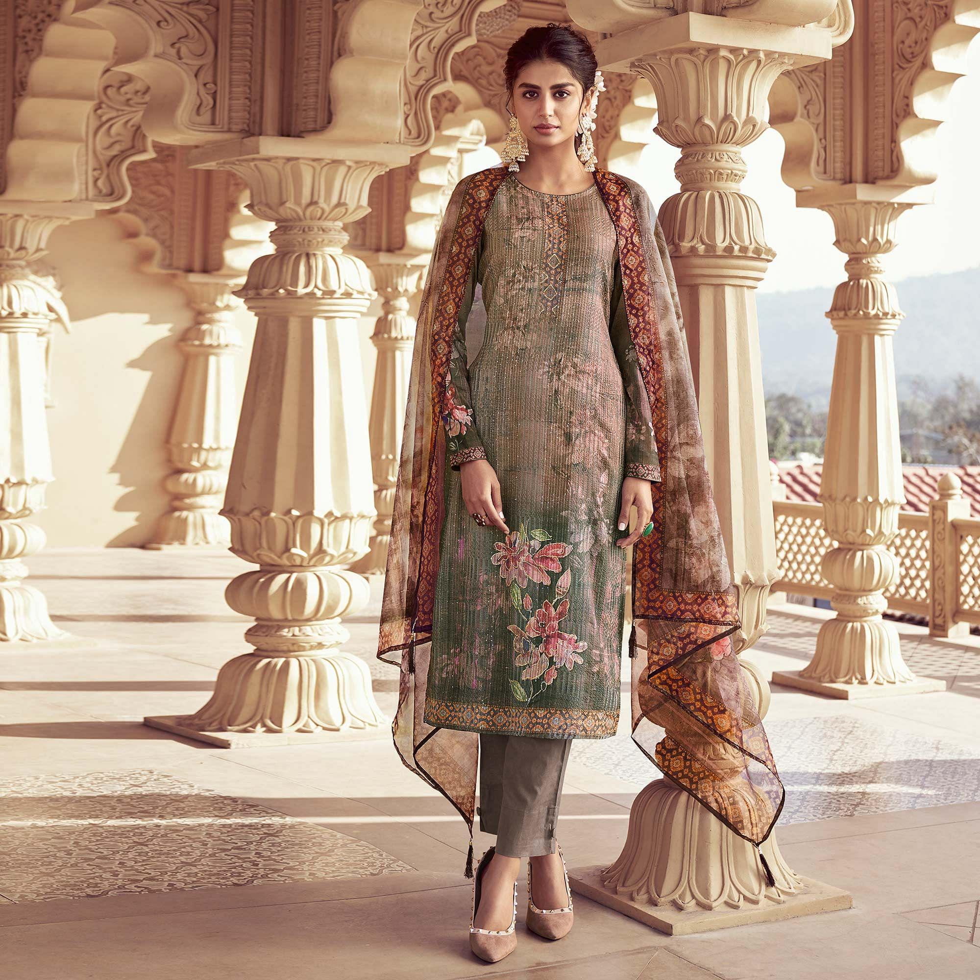 Green trousers – BlackTree green-floral-print-with-sequence-embroidered-royal-chinon-partywear-suit-134099