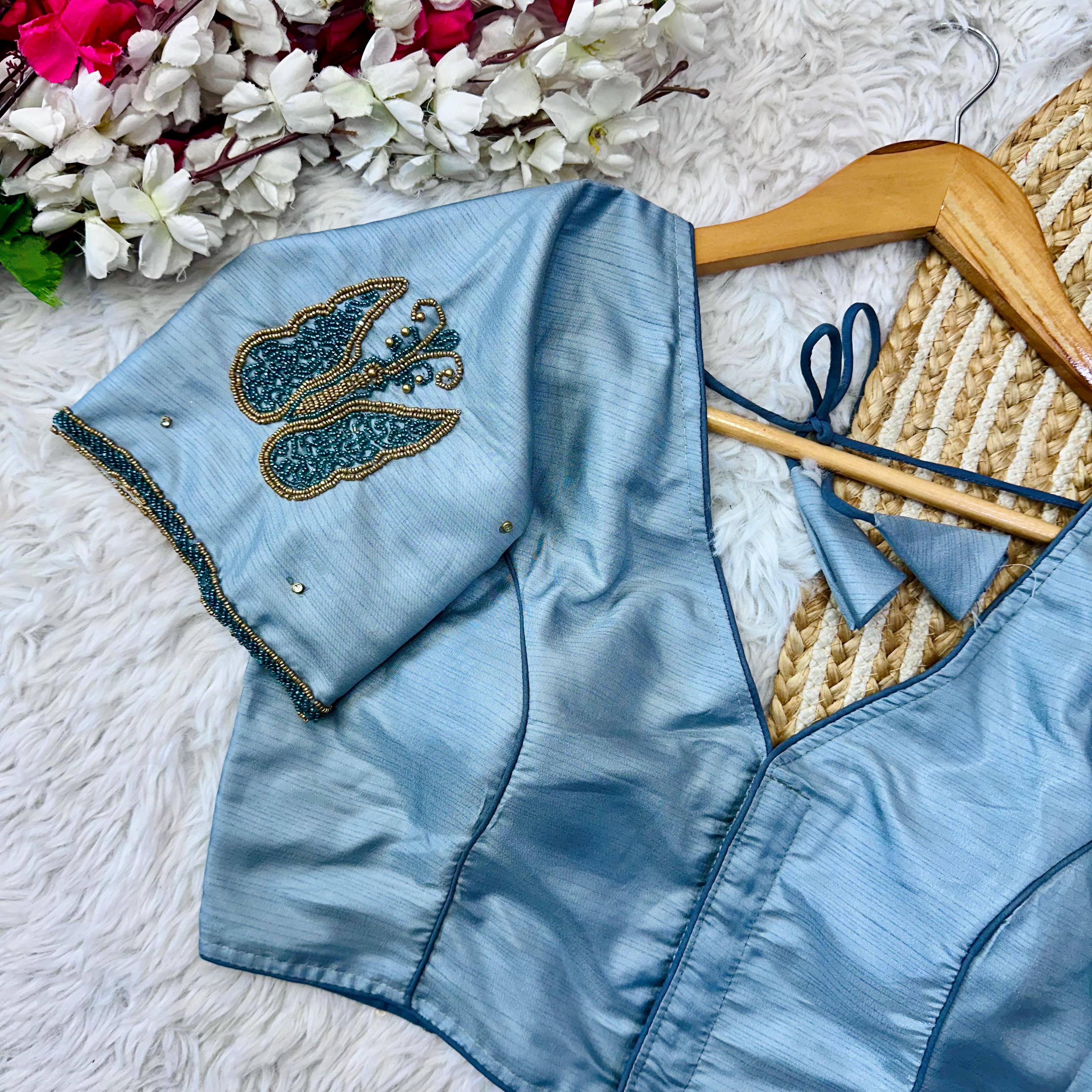 ClothsVilla Sky Blue Handcrafted Wedding Blouse Collection in Mayo Silk - view 2