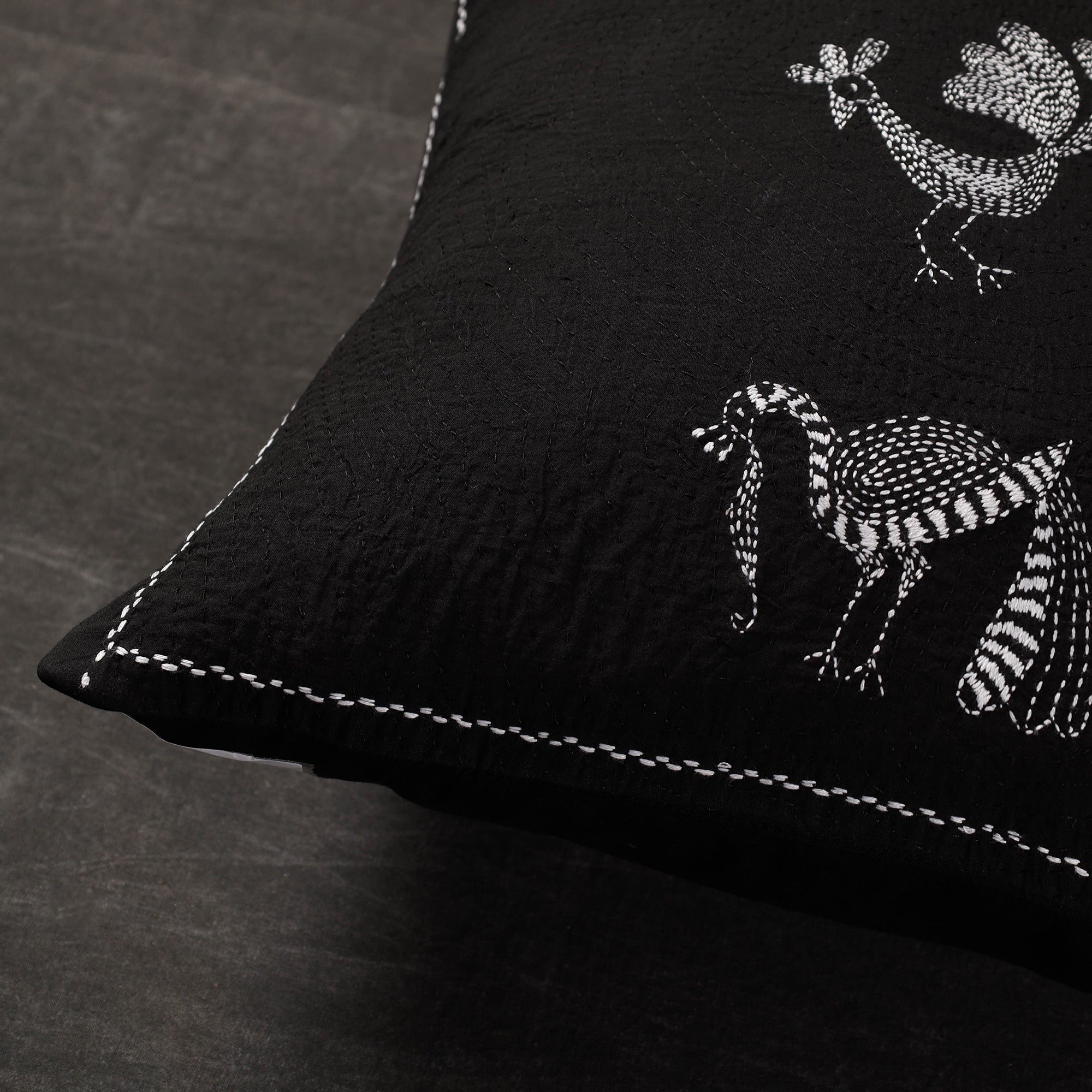 SASHA Black - Folk Motif Birds - Kantha Embroidery Handloom Cotton Cushion Cover (16 x 16 in) - view 2
