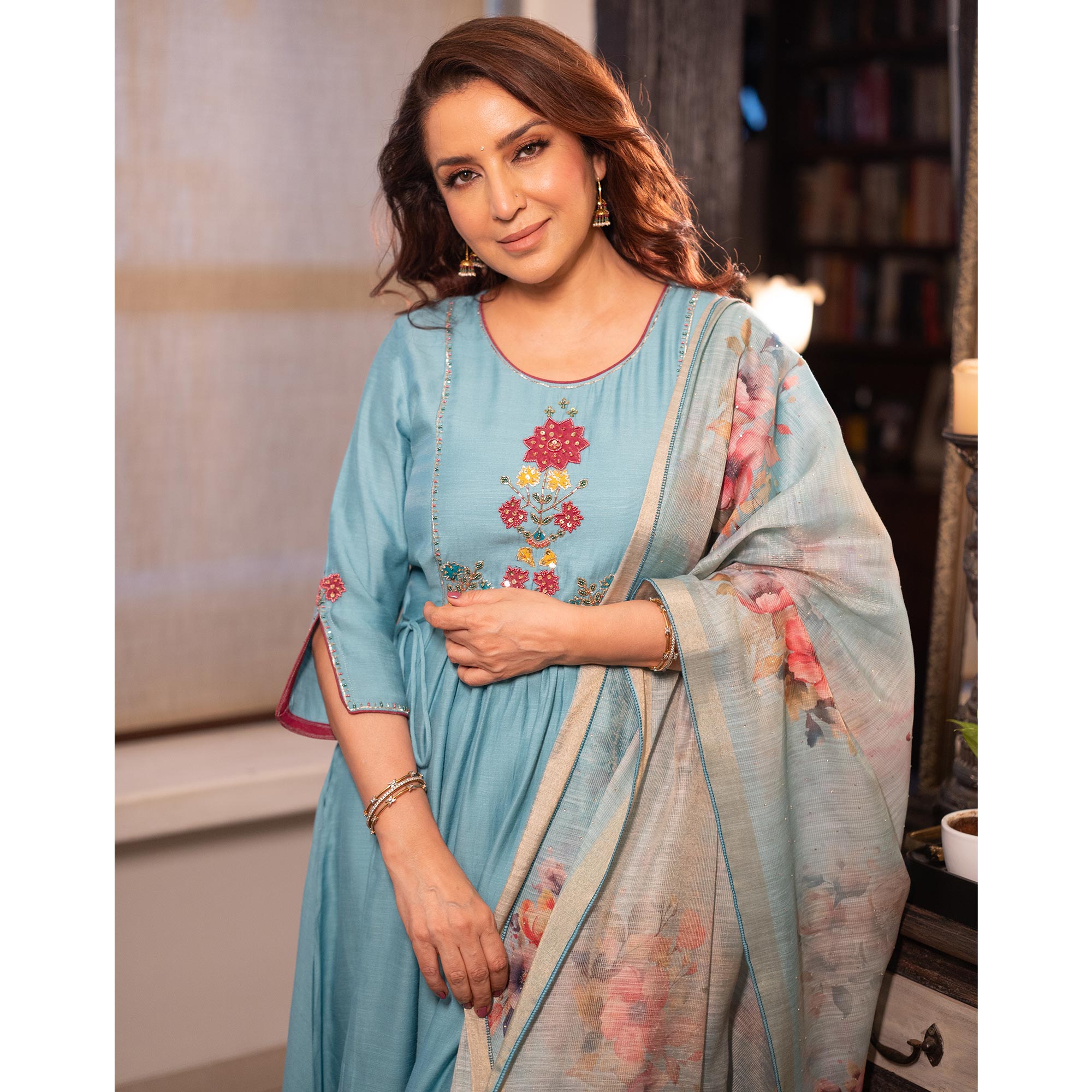 Peachmode Sky Blue Neck Embroidered Viscose A-Line Salwar Suit - view 3