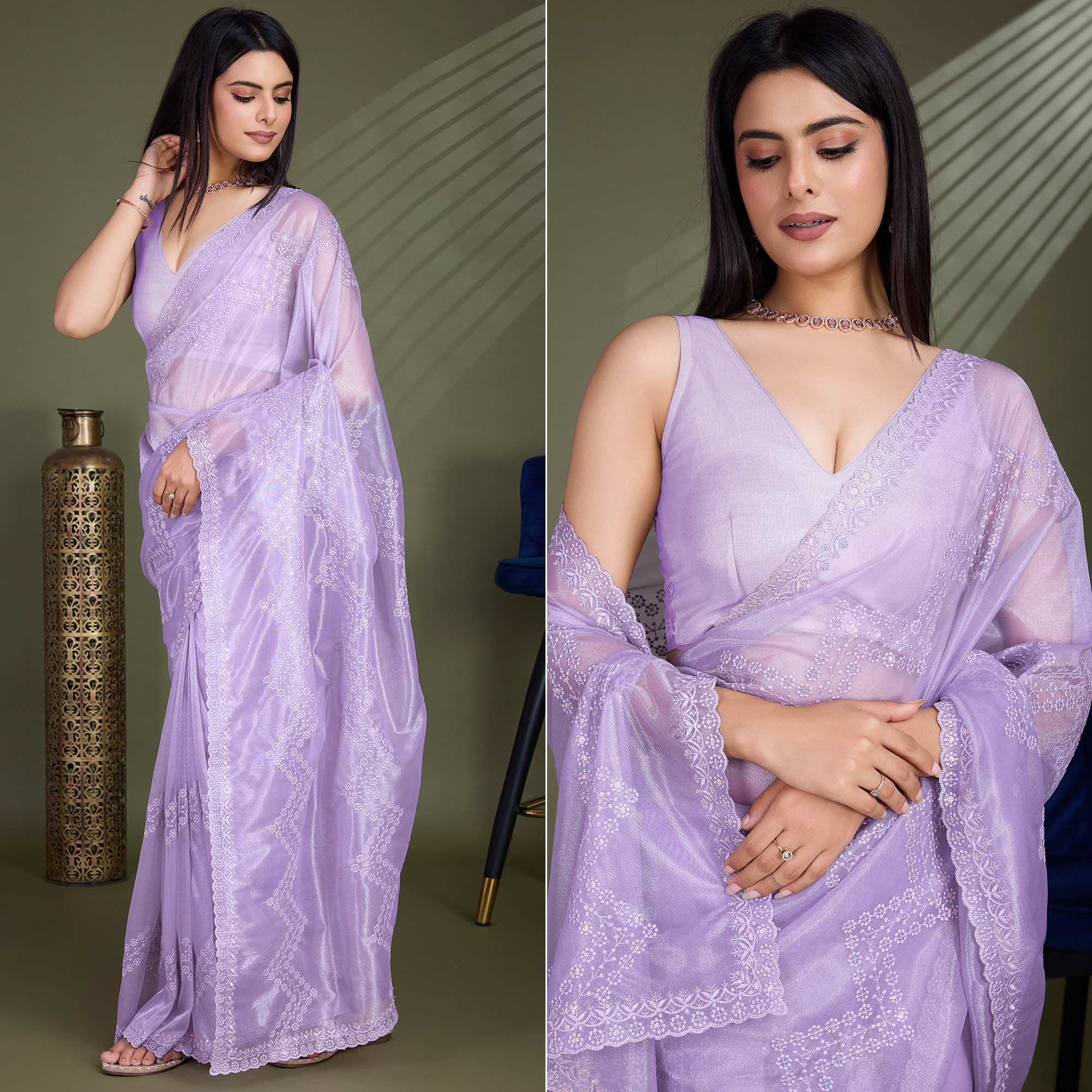 Peachmode Lavender Sequins Embroidered Shimmer Net Saree