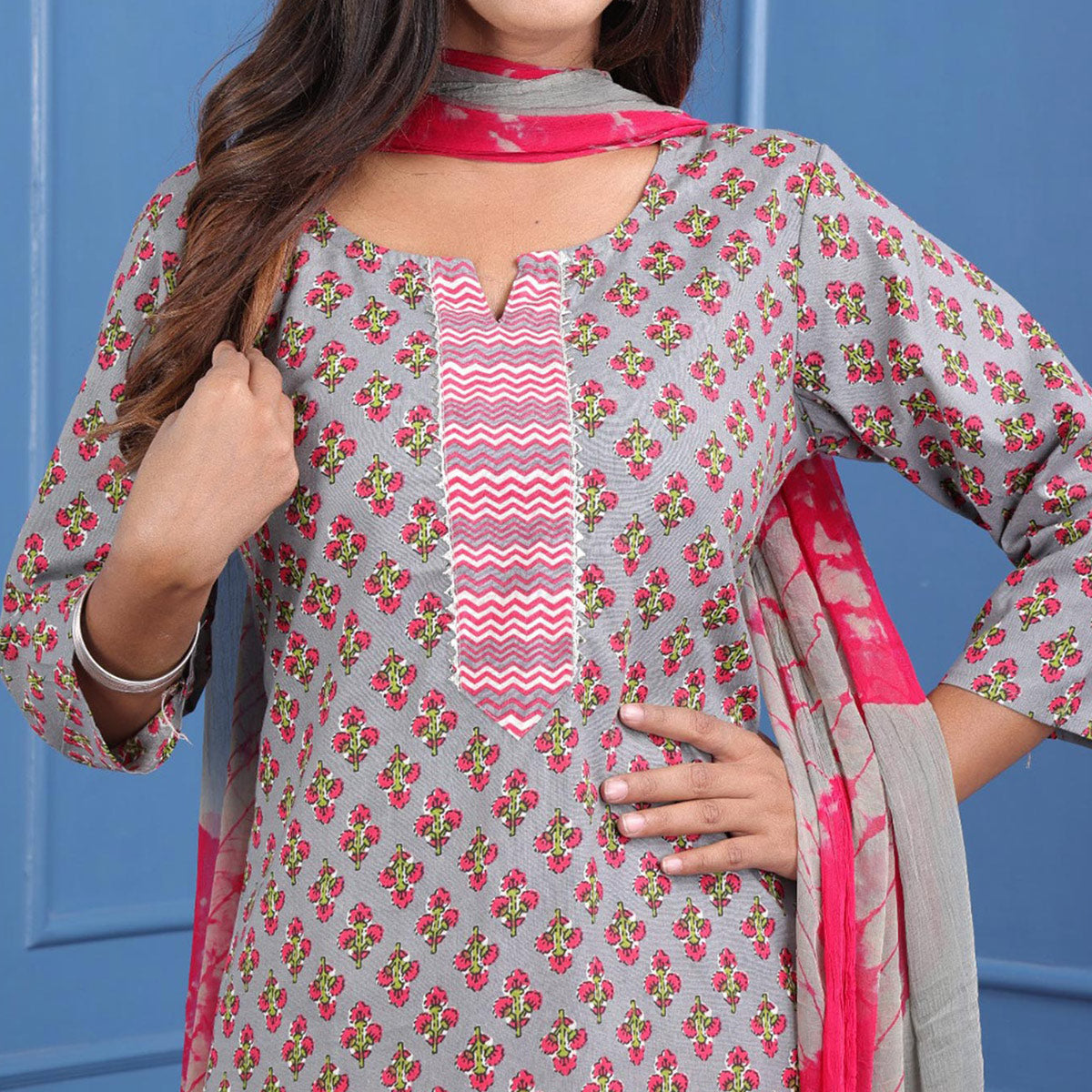 BlackTree grey-jaipuri-printed-pure-cotton-suit-1 - view 2