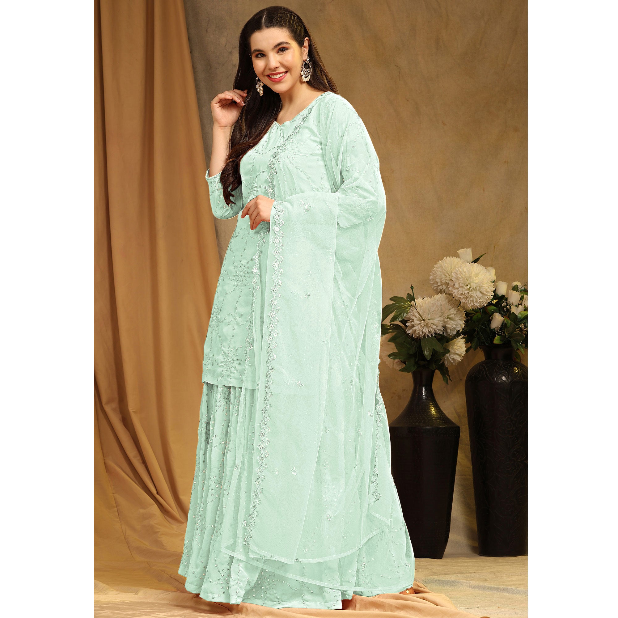 BlackTree green-embroidered-georgette-semi-stitched-sharara-suit-1 - view 4