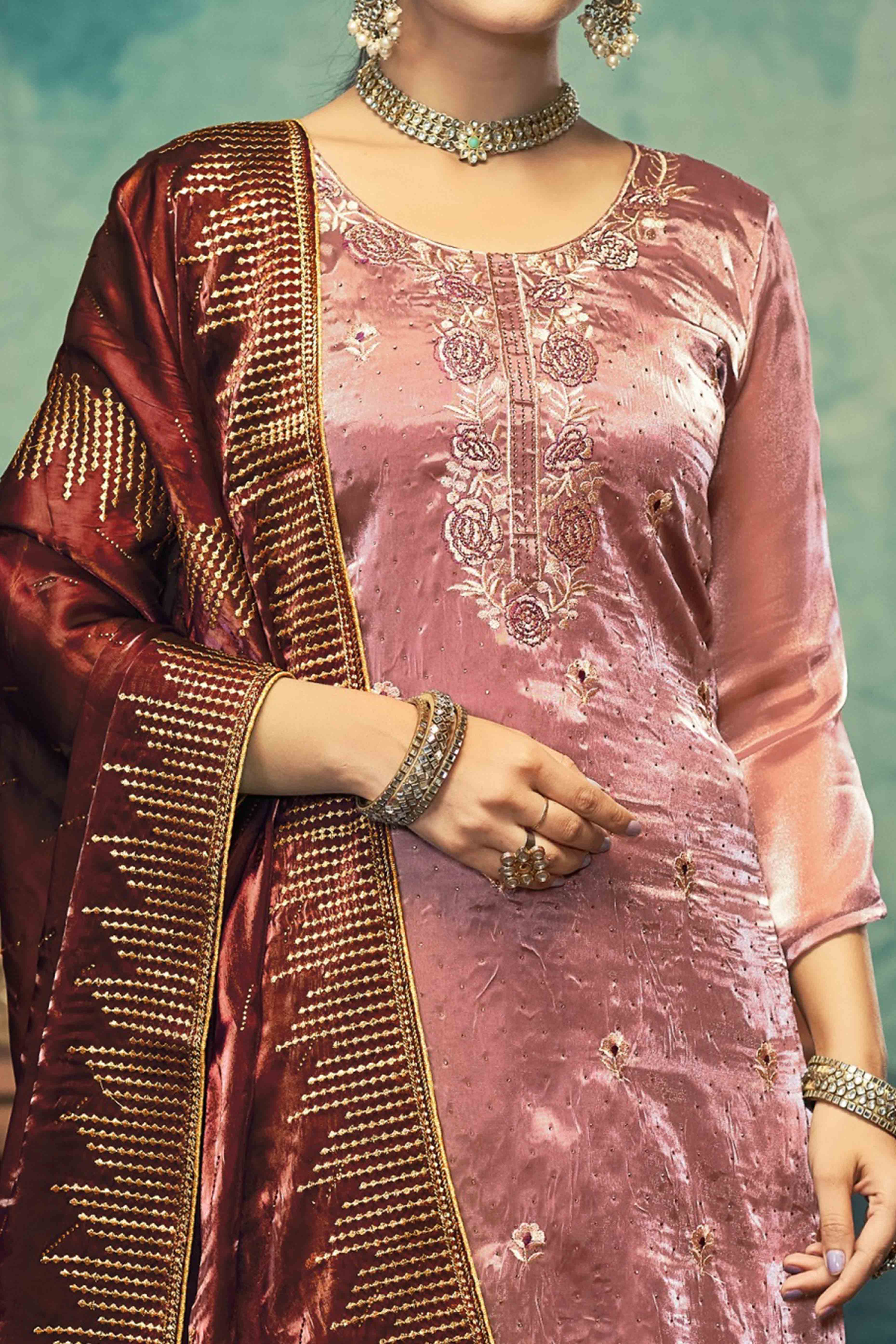 Peachmode Dusty Rose Pink Floral Embroidery With Swarovski Work Jimmy Choo Tissue Semi Stitched Suit - view 2