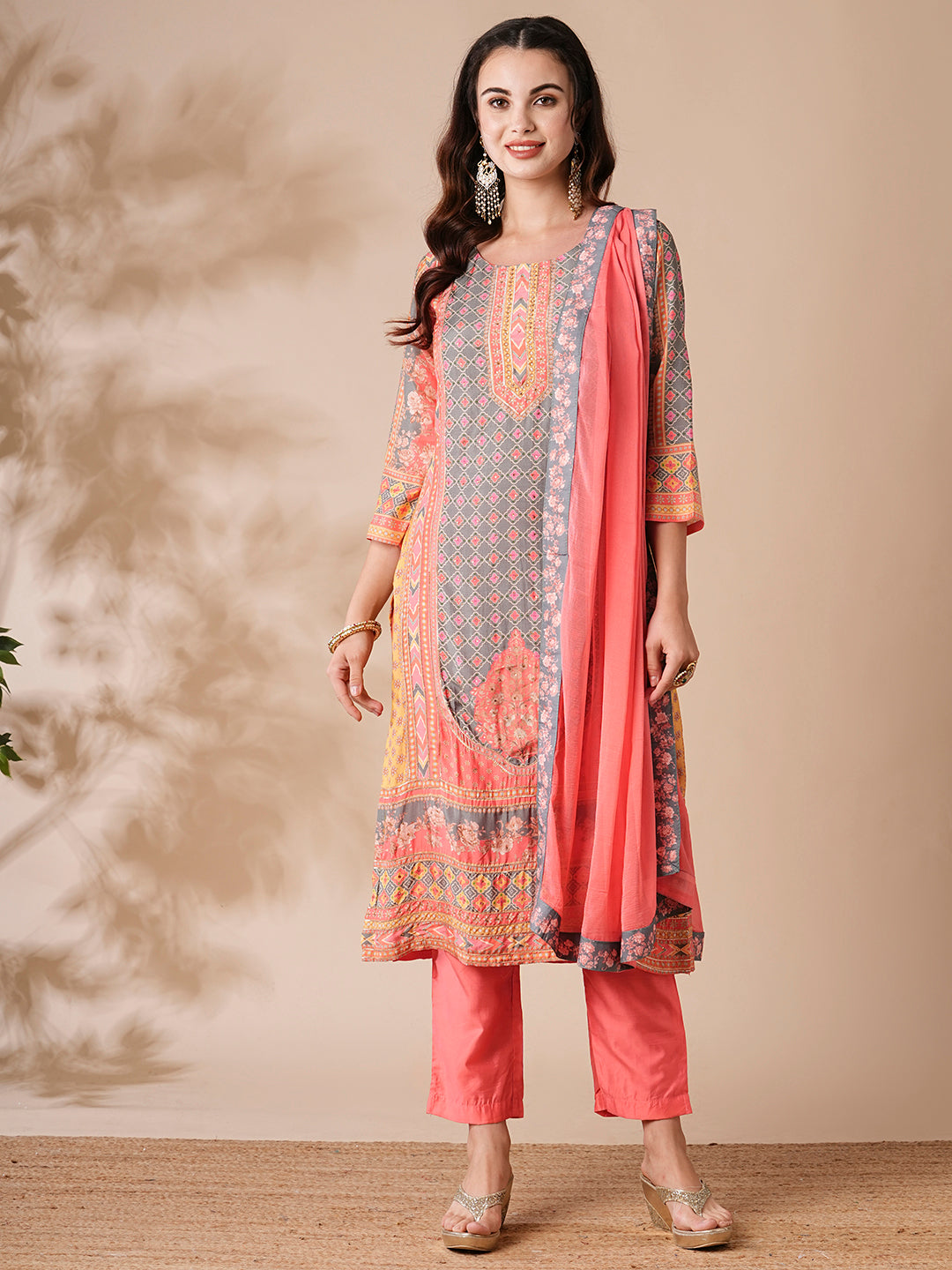 Fashor Floral Ethnic Printed & Embroidered Straight Kurta with Pant & Dupatta - Peach