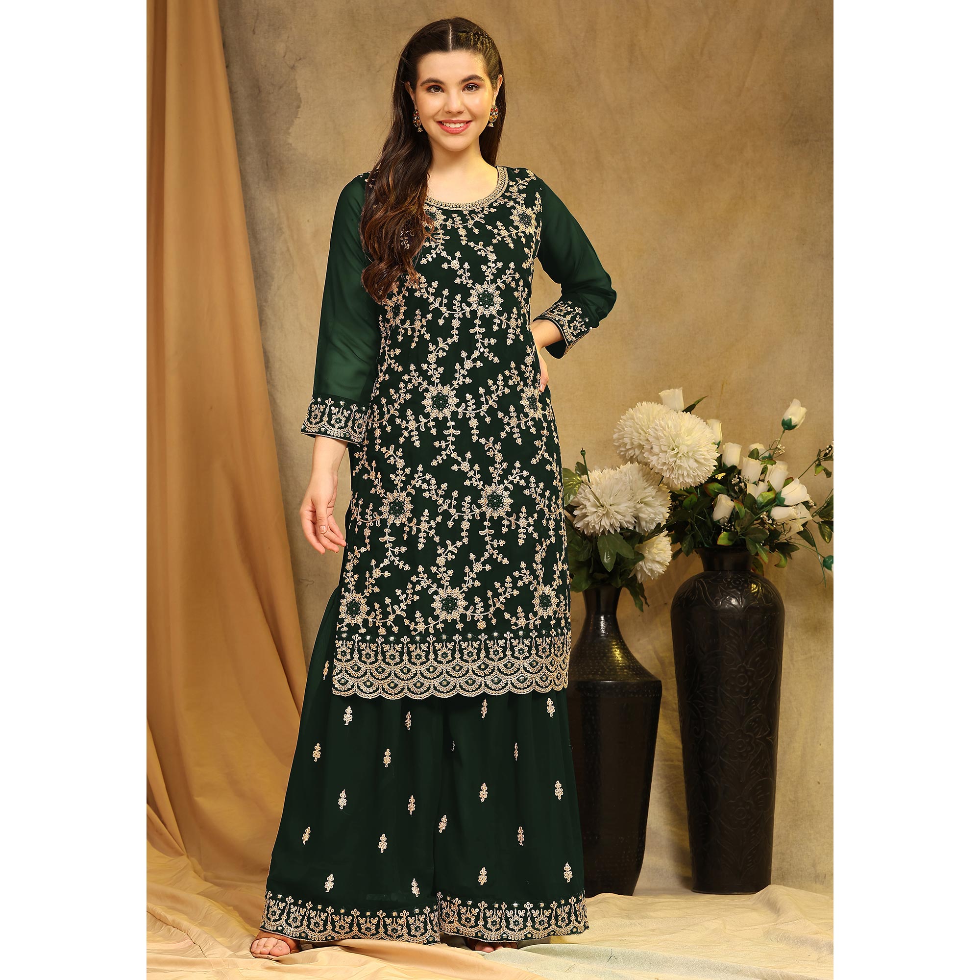 Peachmode Bottle Green Floral Embroidered Georgette Semi Stitched Suit - view 6
