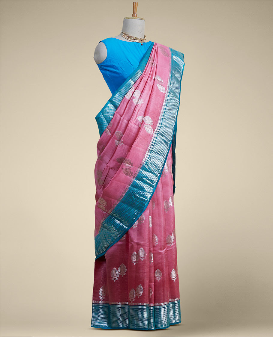 Pothys Pink leaf motifs dupion silk saree with intricate zari design border - view 2