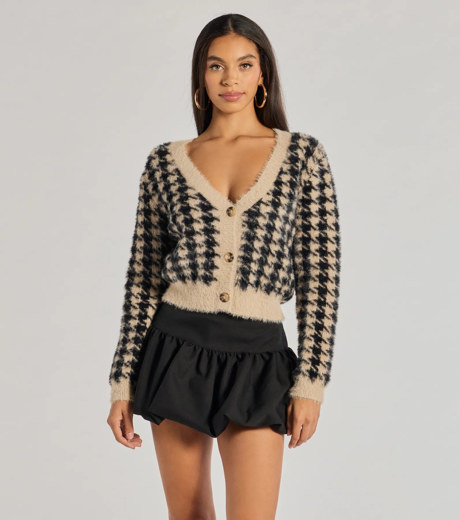 Windsor Polished Cozy Houndstooth Eyelash Knit Cardigan