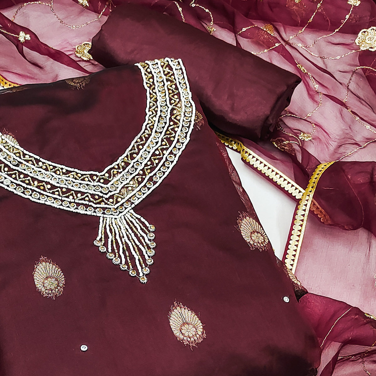 Peachmode Maroon Floral Woven Organza Dress Material - view 2