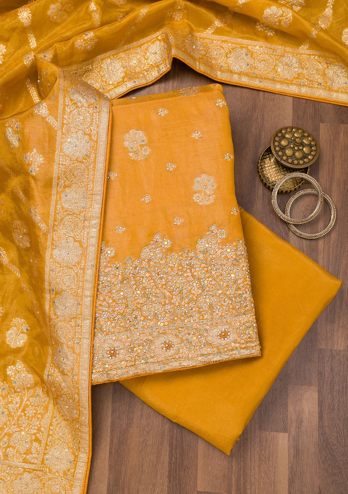 Koskii Mustard Zariwork Semi Crepe Unstitched Salwar Suit