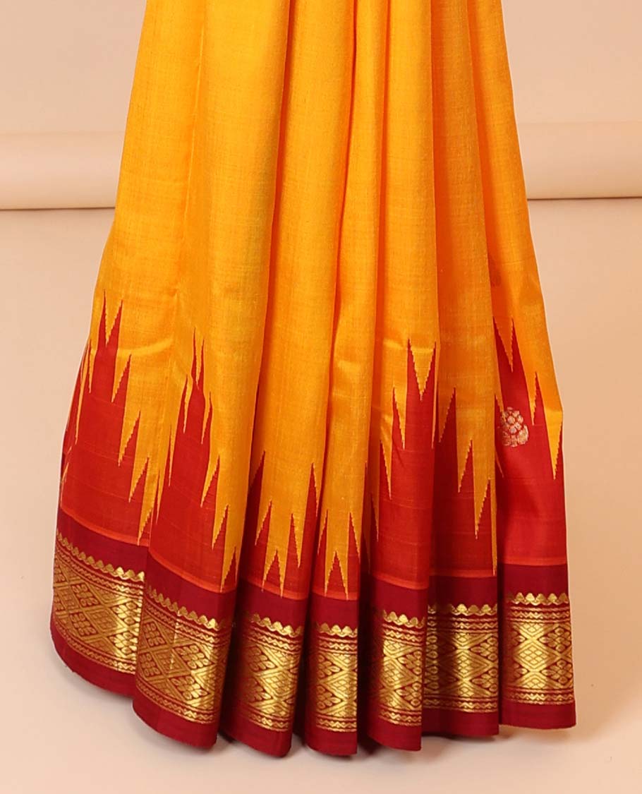 Pothys Yellow buttas kancheepuram silksaree, contrast vidarbha one-side border of salngai,neli & jaal & zari striped pallu - view 4