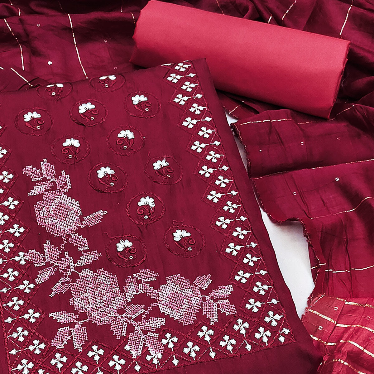 Peachmode Maroon Embroidered Art Silk Dress Material - view 2